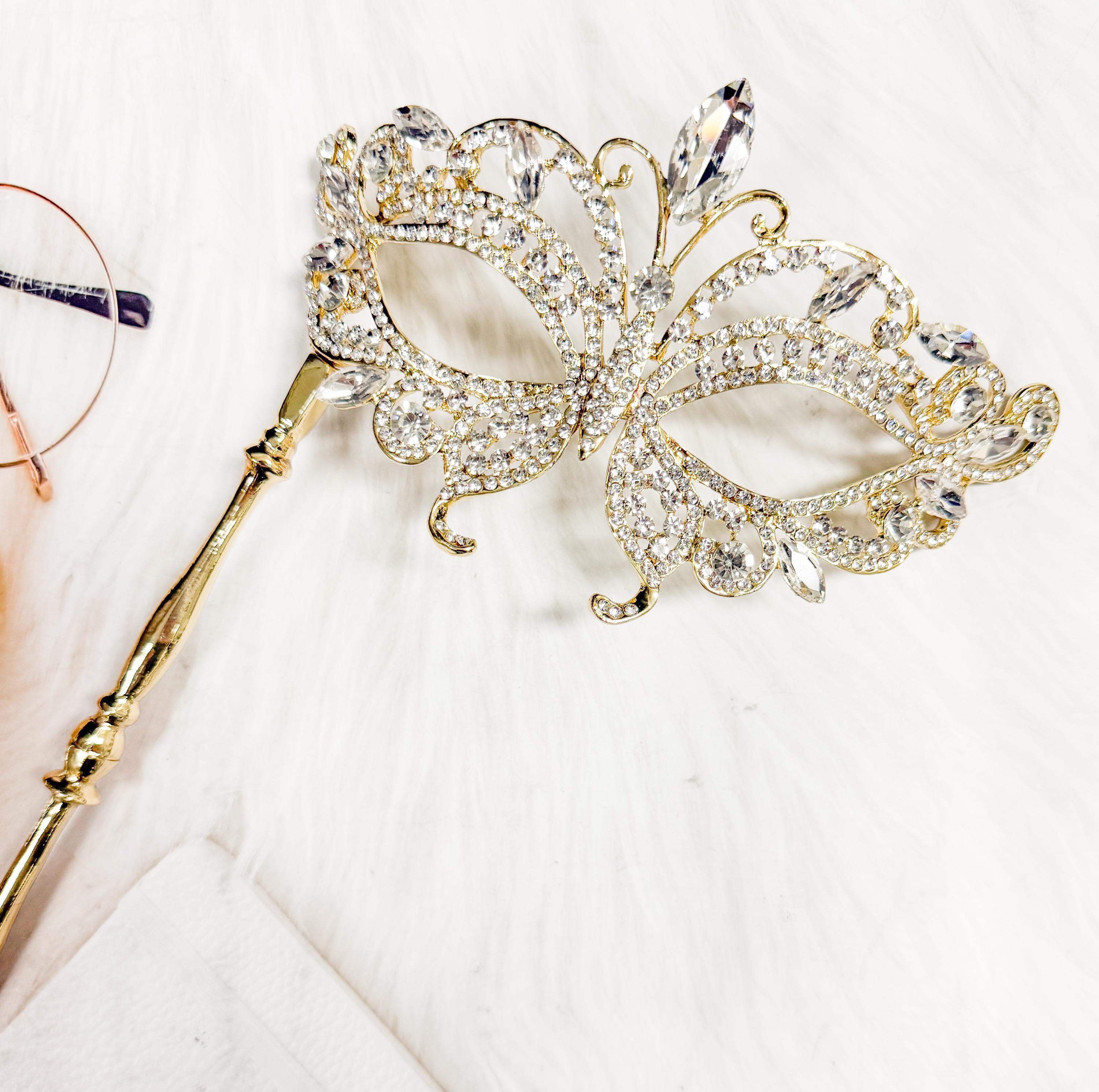 HappyJewelryWorld Crystal Masquerade Mask with Gold Stick Rhinestone