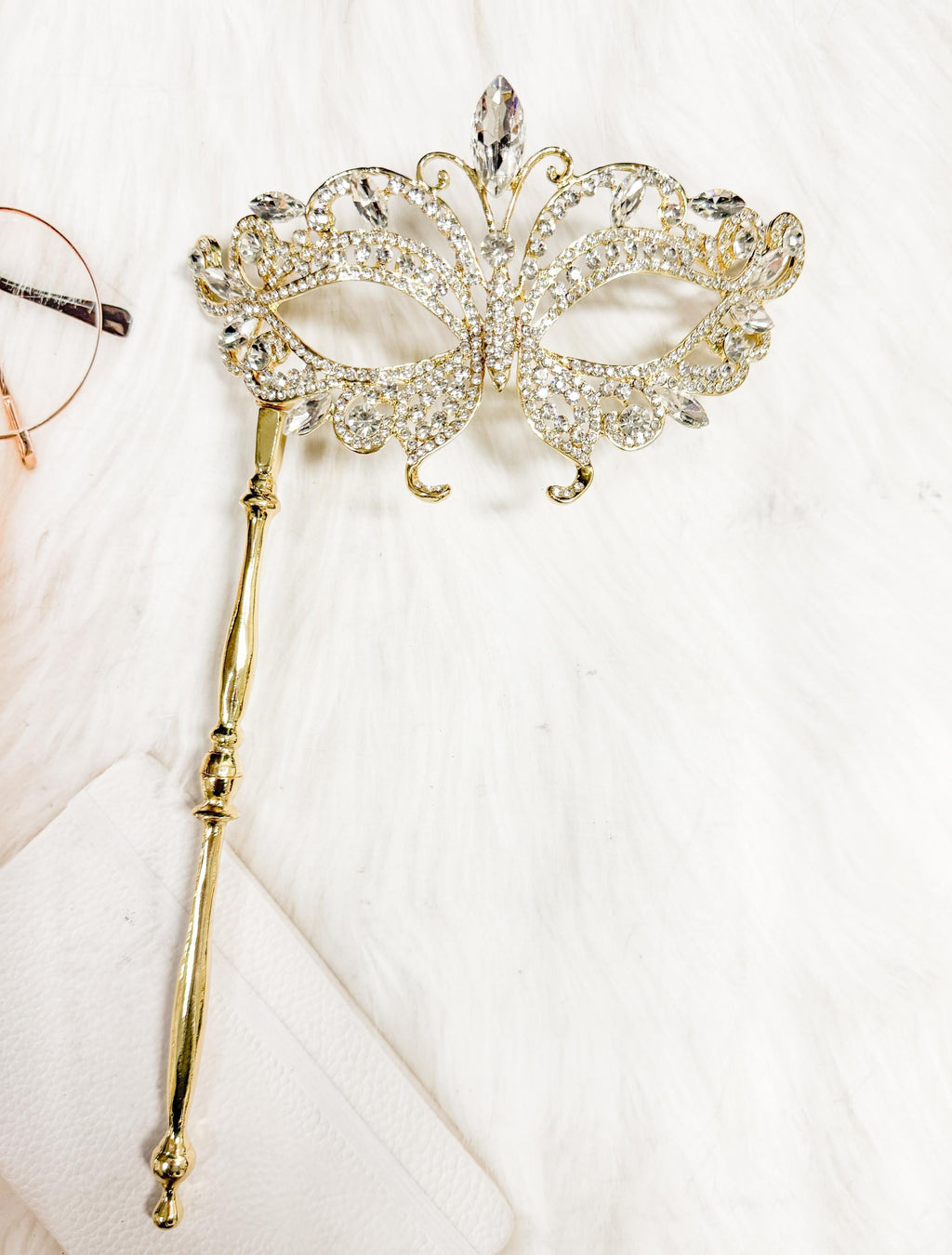 HappyJewelryWorld Crystal Masquerade Mask with Gold Stick Butterfly Design