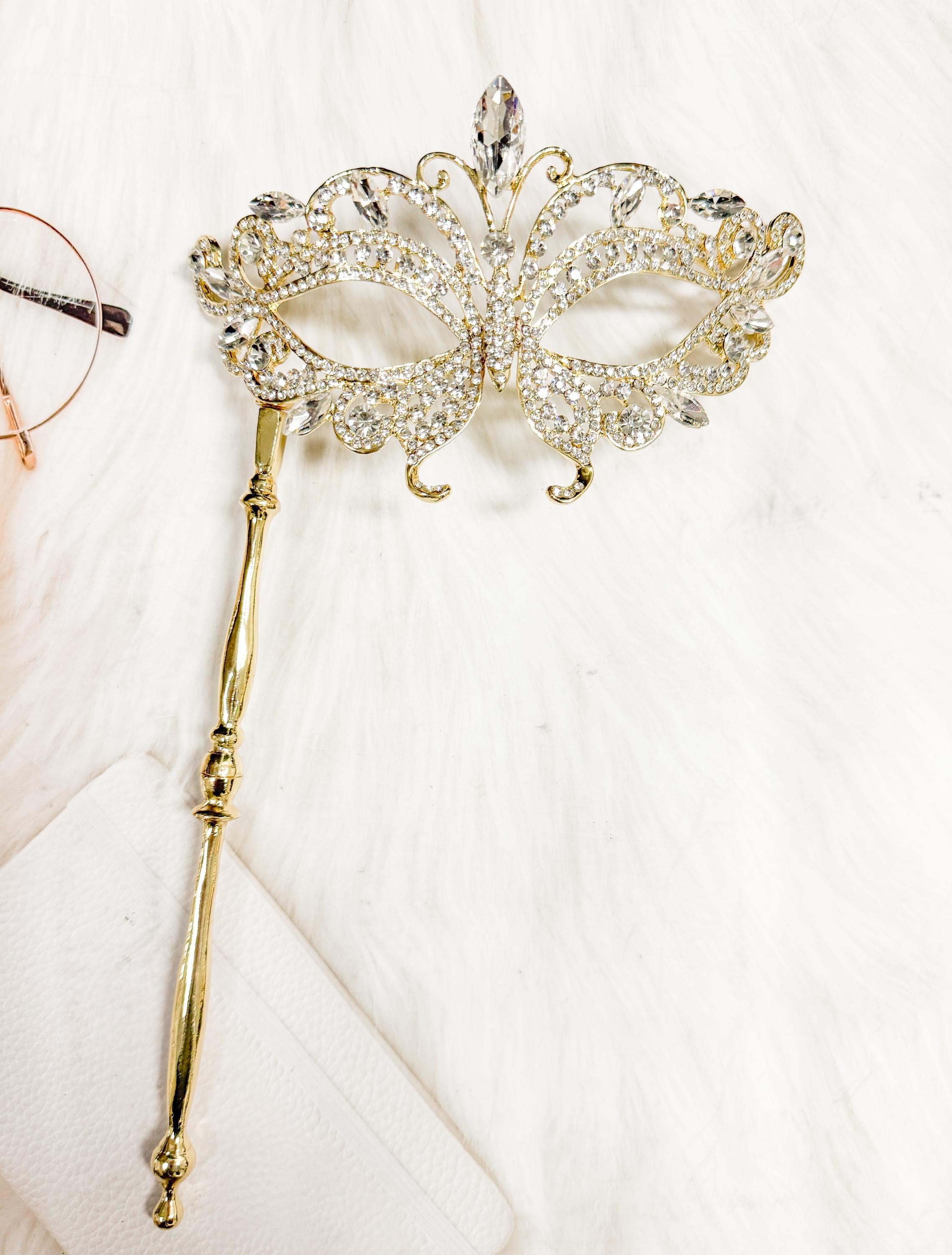 HappyJewelryWorld Crystal Masquerade Mask with Gold Stick Butterfly Design