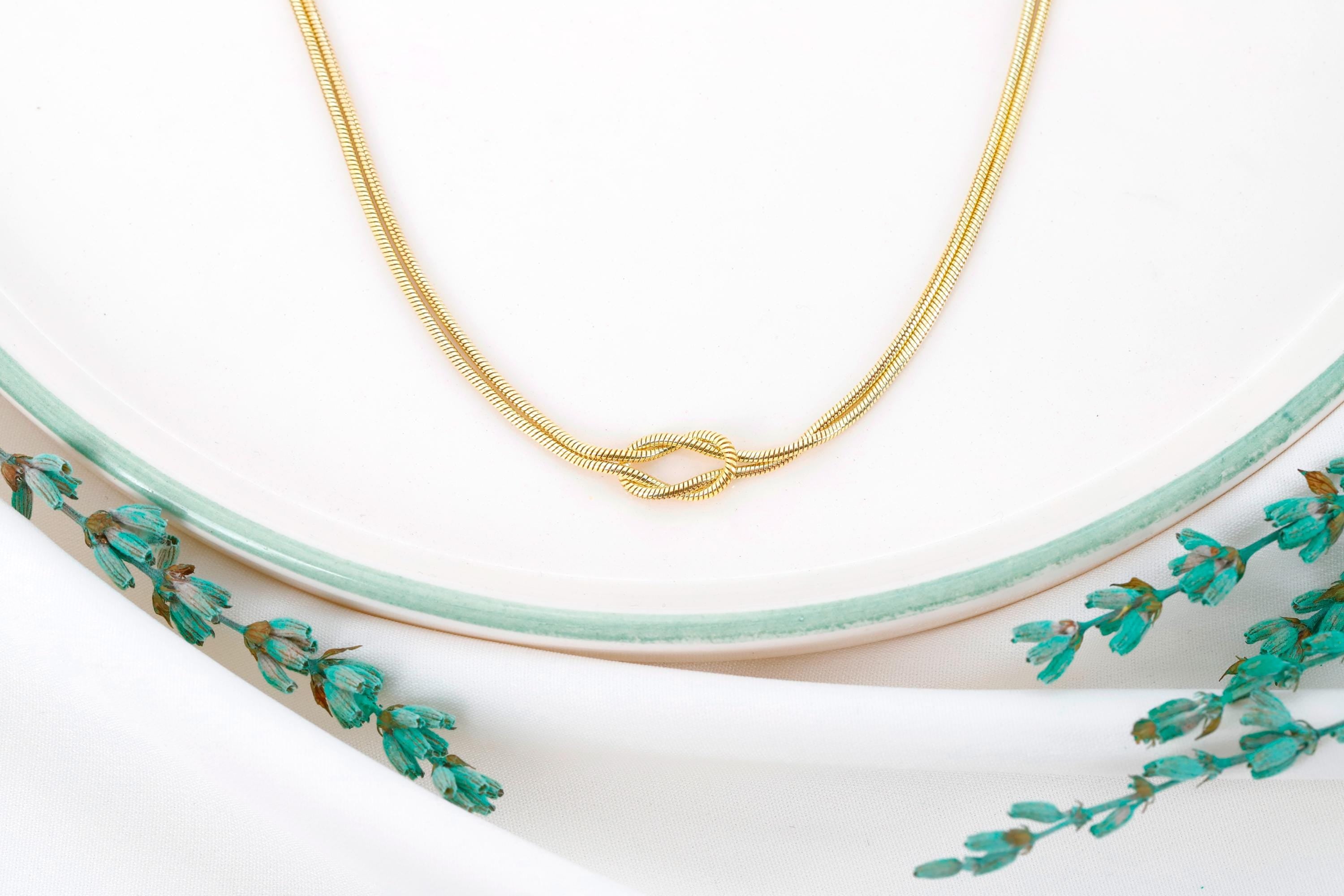 SilverGoldandRose 14K Gold Love Knot Necklace Handmade Sterling Silver Chain