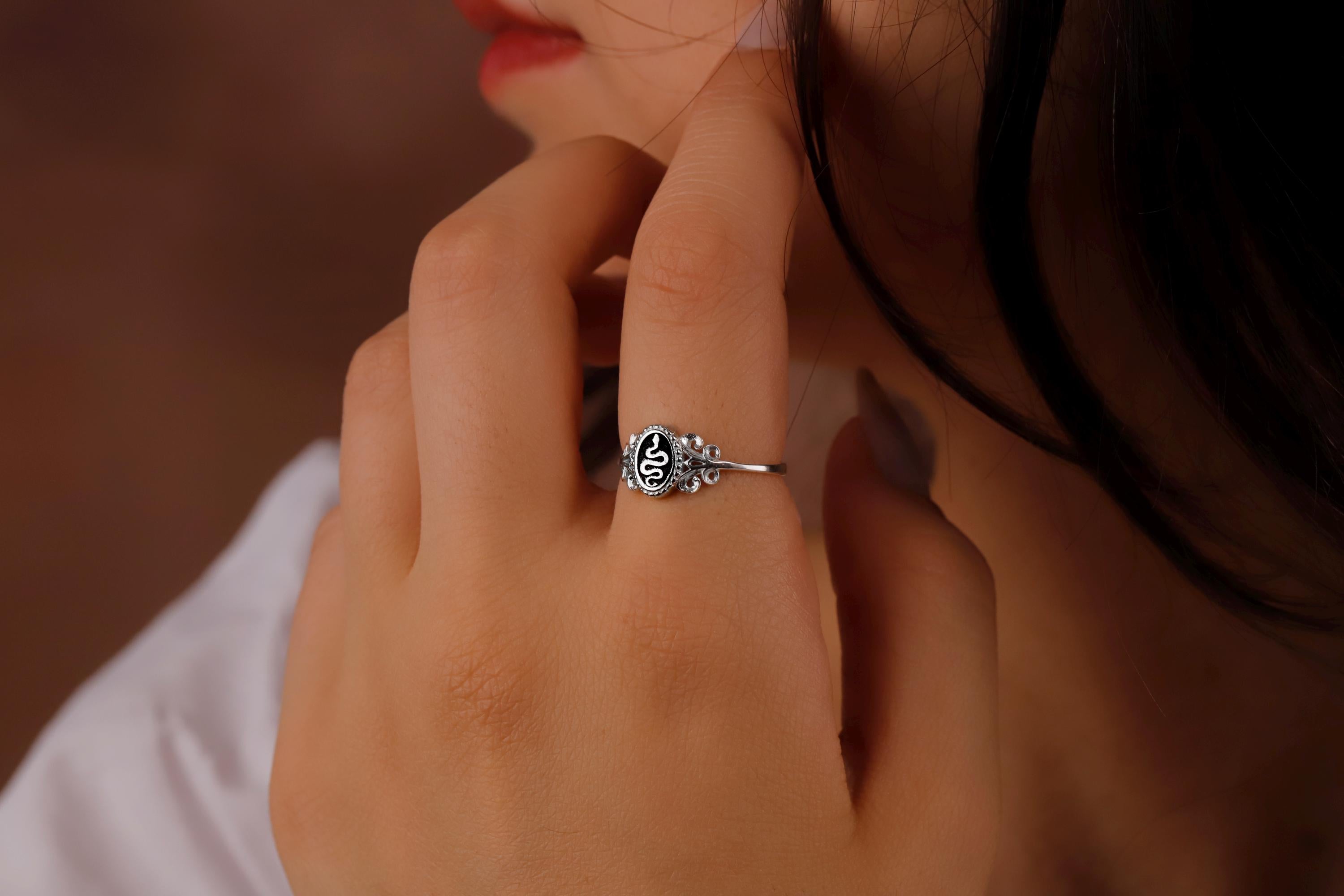 SilverGoldandRose Sterling Silver Snake Signet Ring Women's Pinky