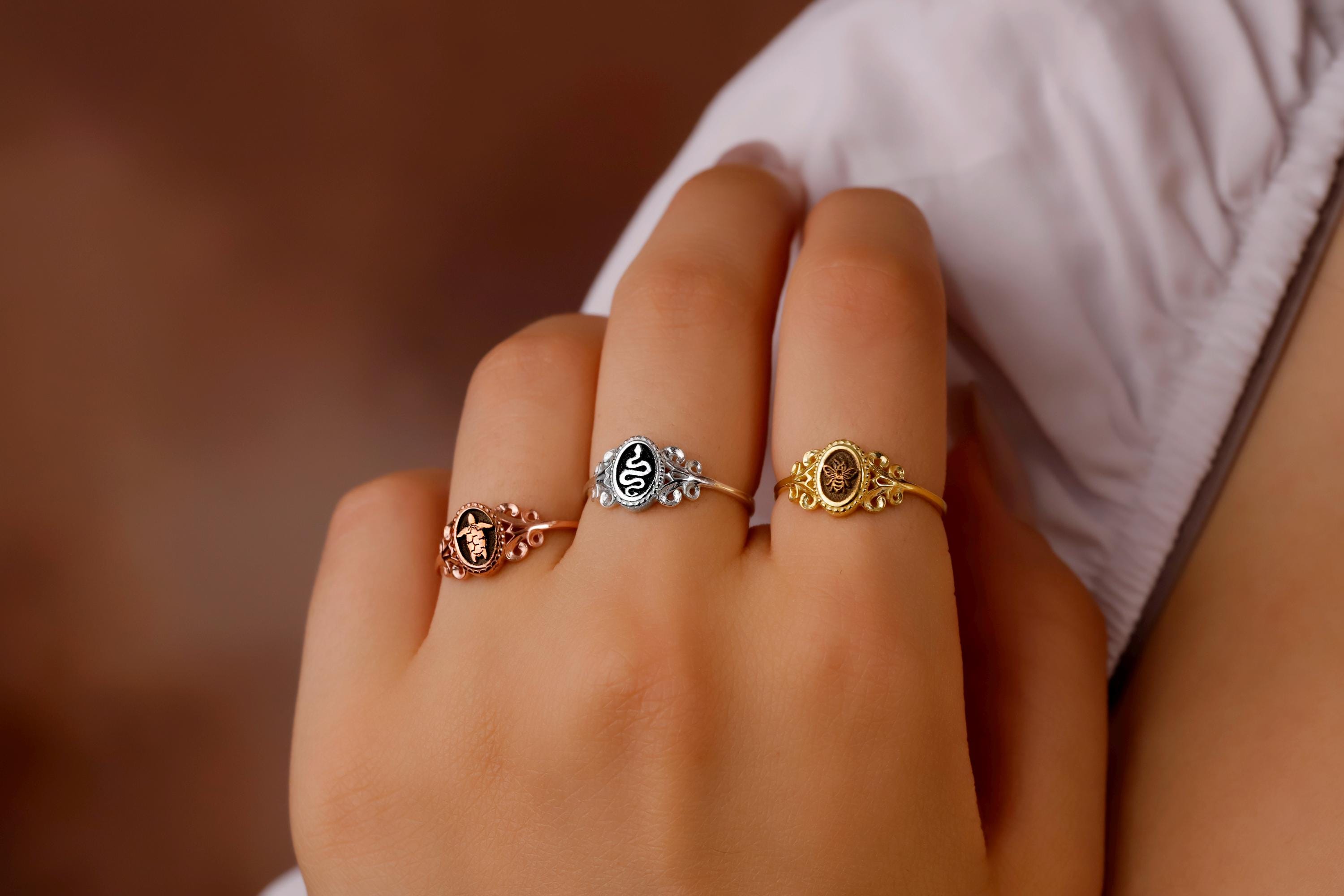 SilverGoldandRose Sterling Silver Snake Signet Ring Women's Pinky