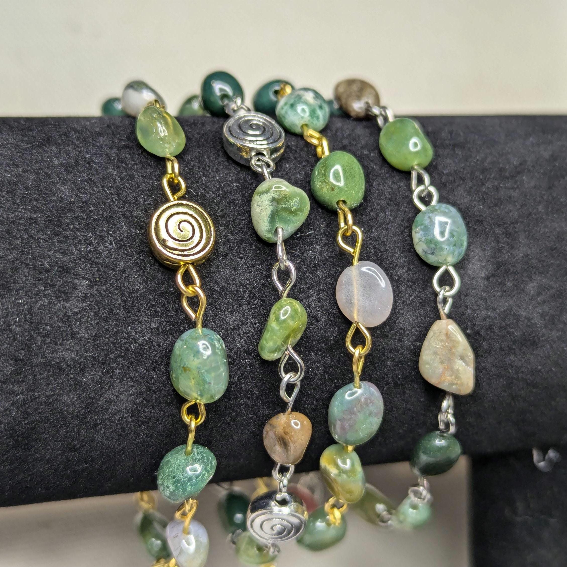 NoctemPottery Moss & India Agate Beaded Bracelet with Spiral Charms