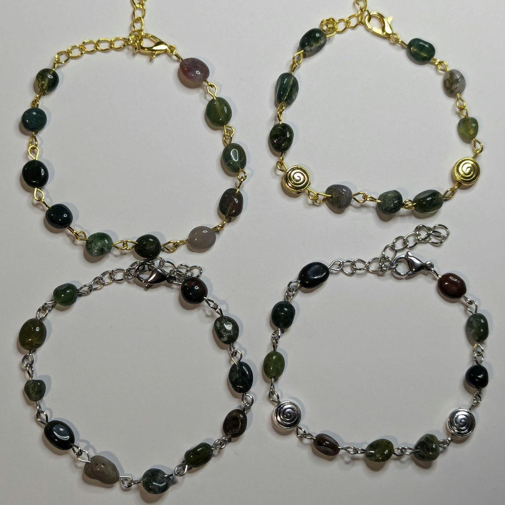NoctemPottery Moss & India Agate Beaded Bracelet with Spiral Charms