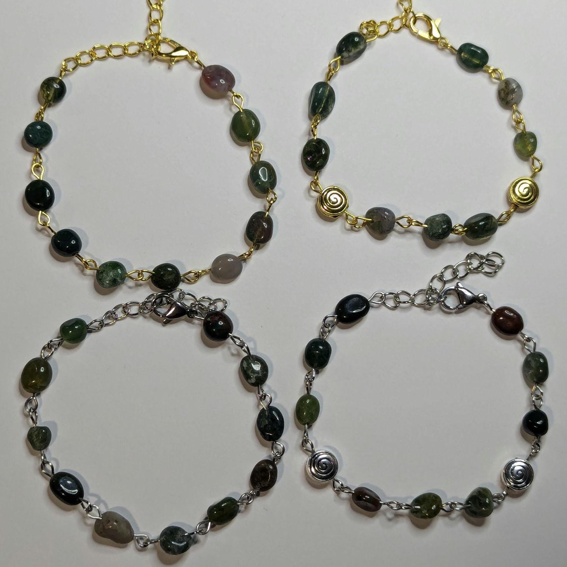NoctemPottery Moss & India Agate Beaded Bracelet with Spiral Charms