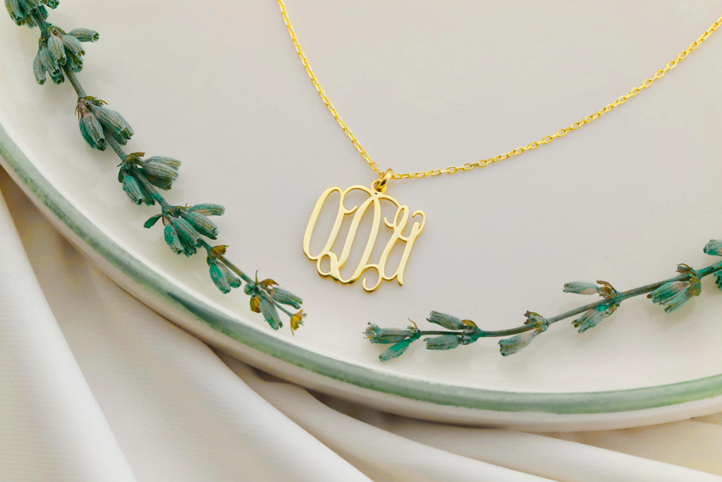 SilverGoldandRose Vine Monogram Necklace Personalized Initial Jewelry