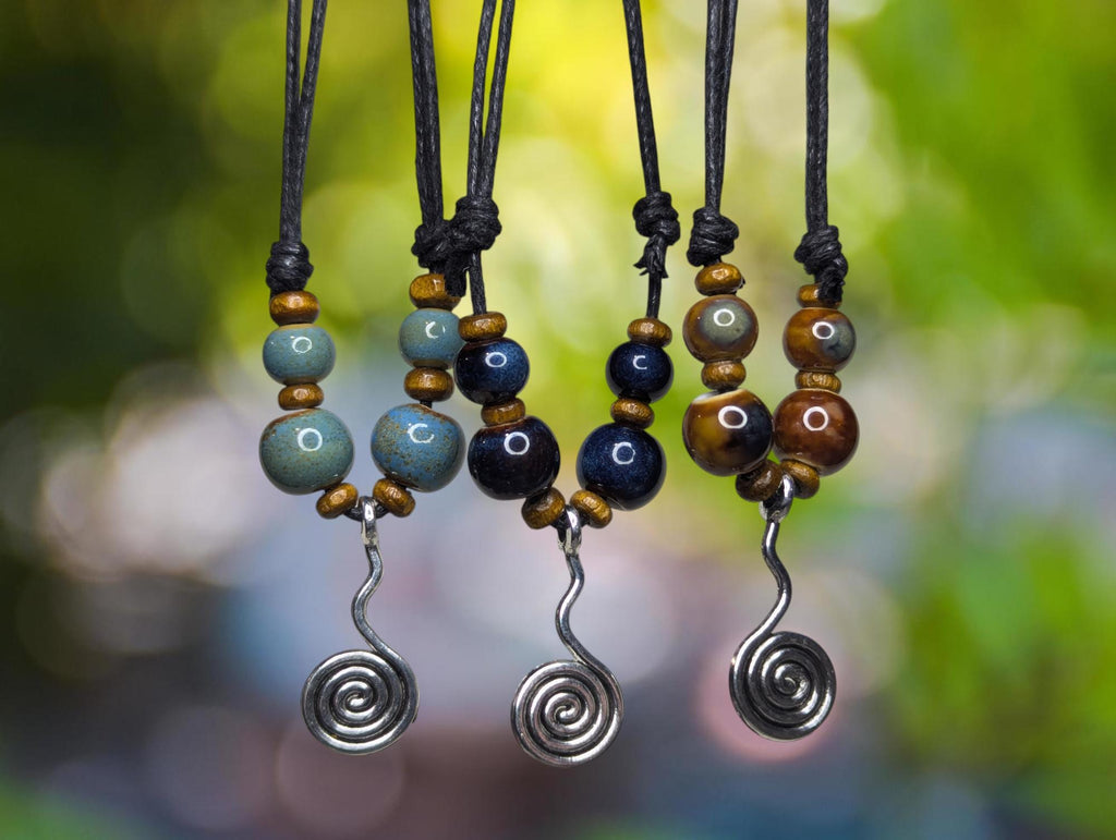 NoctemPottery Ceramic Beaded Hanging Spiral Charm Pendant Necklace