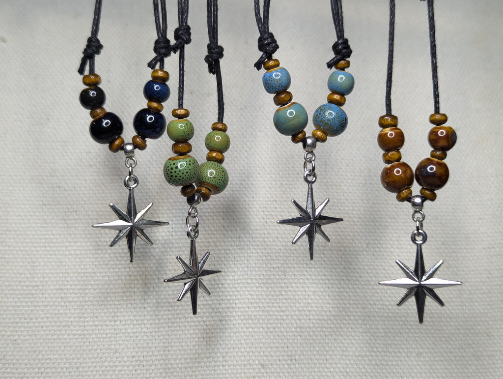 NoctemPottery Ceramic Beaded Star Charm Pendant Choker Necklace Adjustable Black Cord