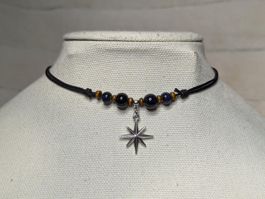 NoctemPottery Ceramic Beaded Star Charm Pendant Choker Necklace Adjustable Black Cord