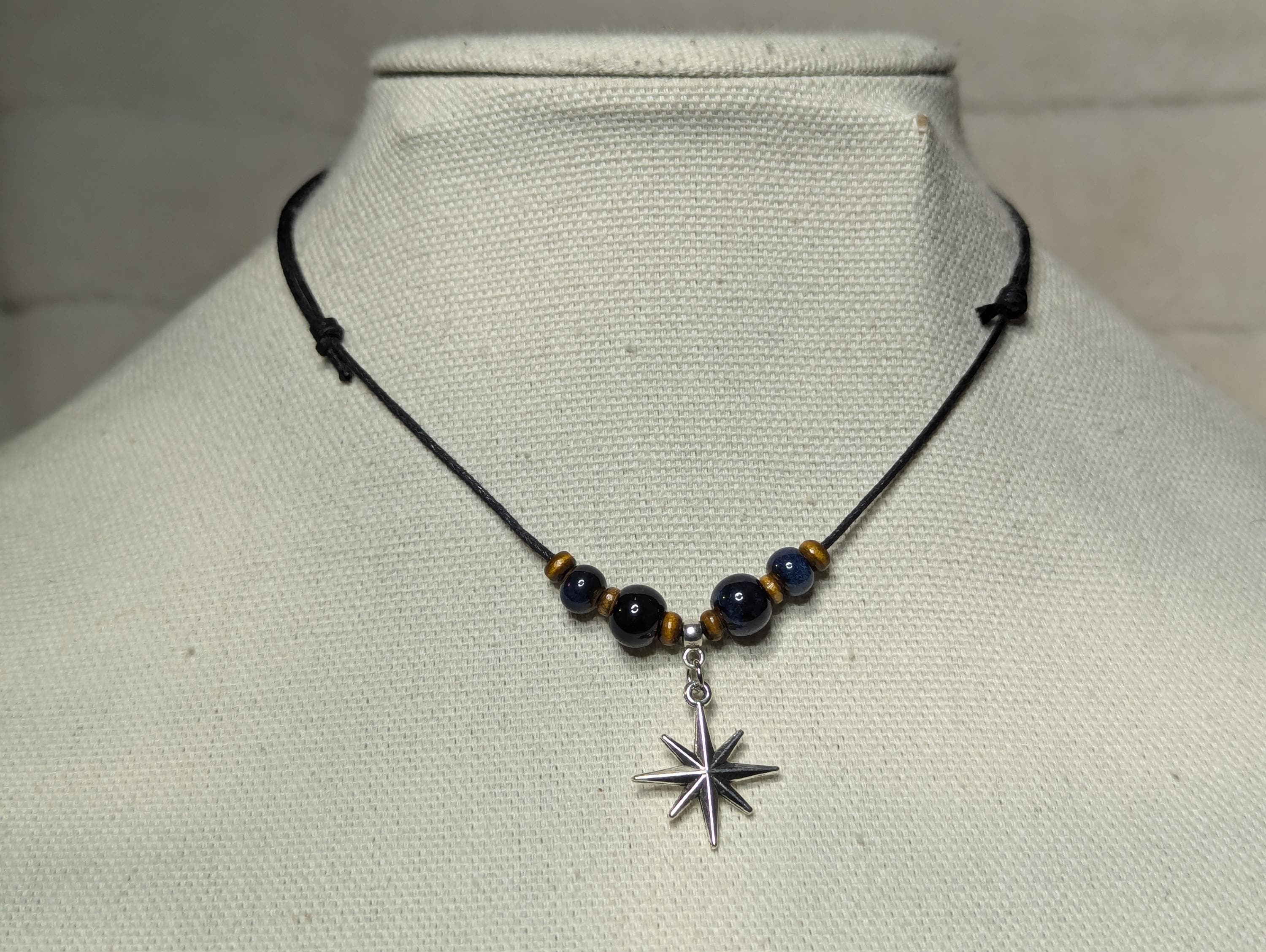 NoctemPottery Ceramic Beaded Star Charm Pendant Choker Necklace Adjustable Black Cord