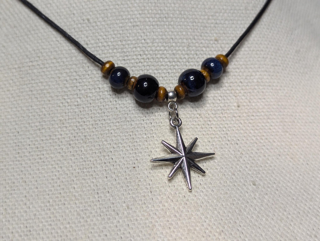 NoctemPottery Ceramic Beaded Star Charm Pendant Choker Necklace Adjustable Black Cord