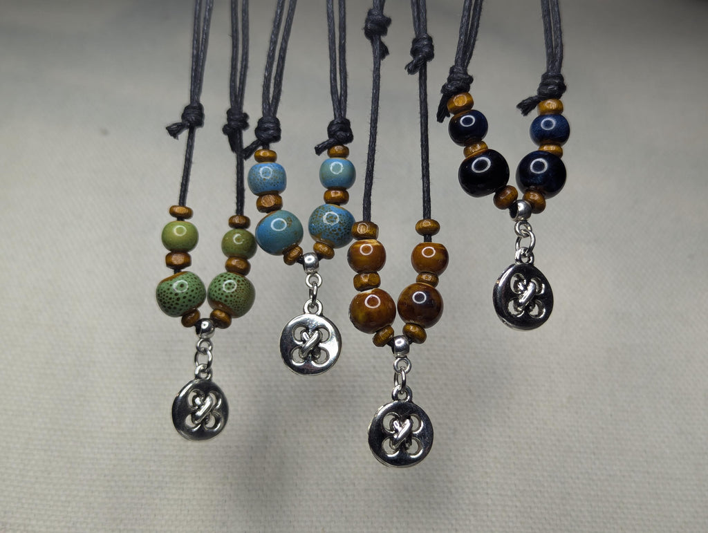 NoctemPottery Ceramic Beaded Silver Button Boho Pendant Necklace Adjustable Cord