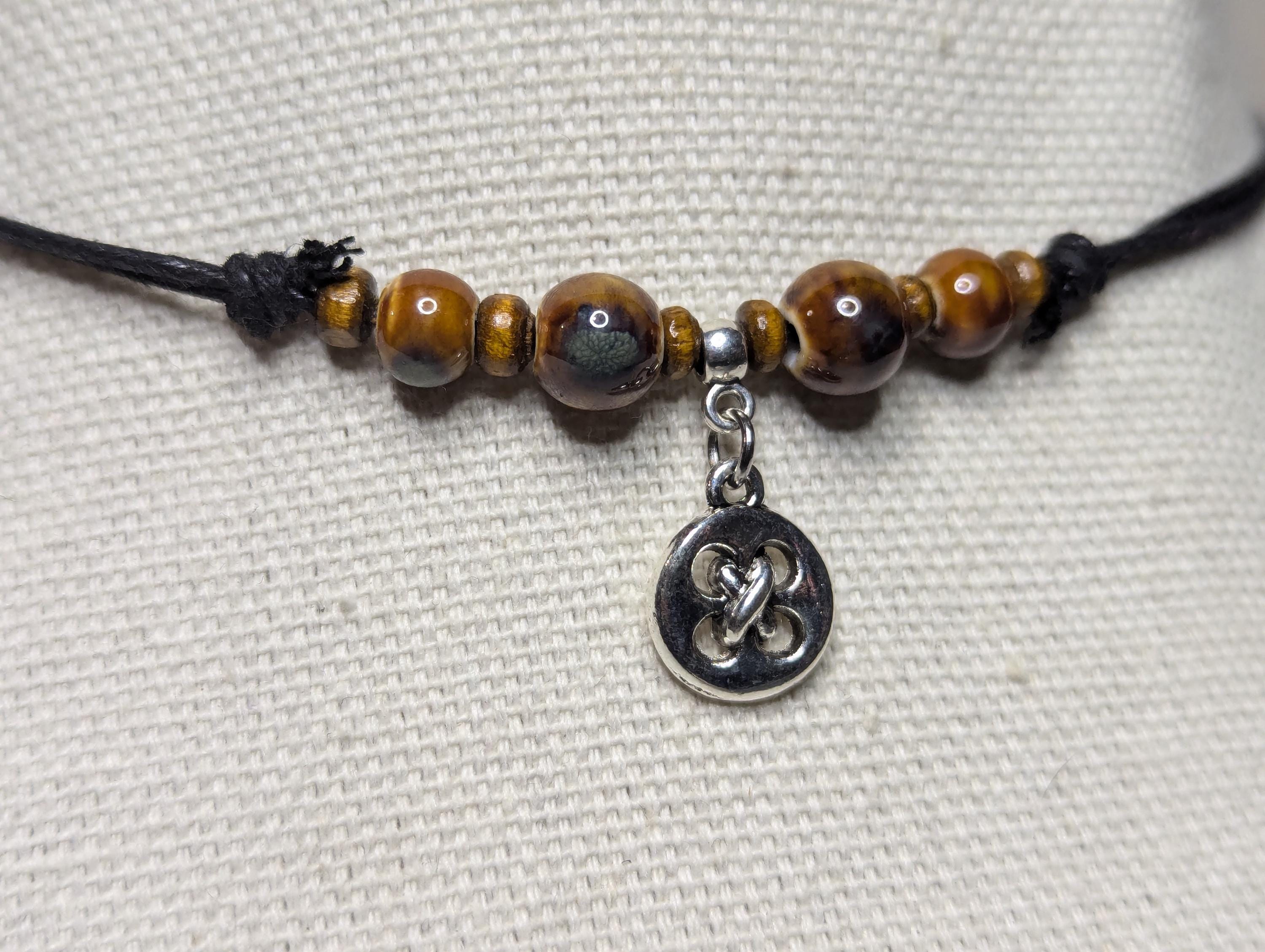 NoctemPottery Ceramic Beaded Silver Button Boho Pendant Necklace Adjustable Cord