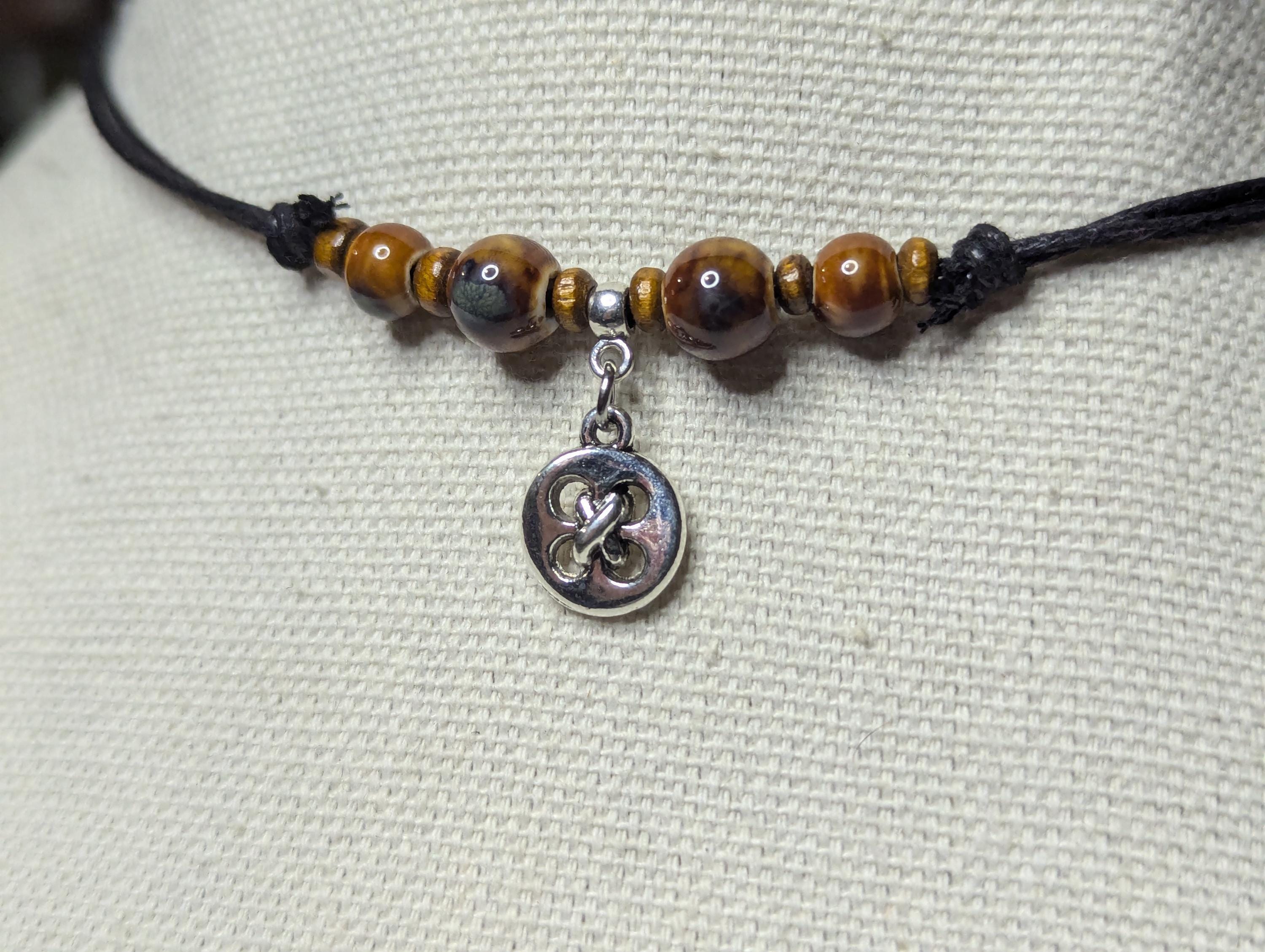 NoctemPottery Ceramic Beaded Silver Button Boho Pendant Necklace Adjustable Cord