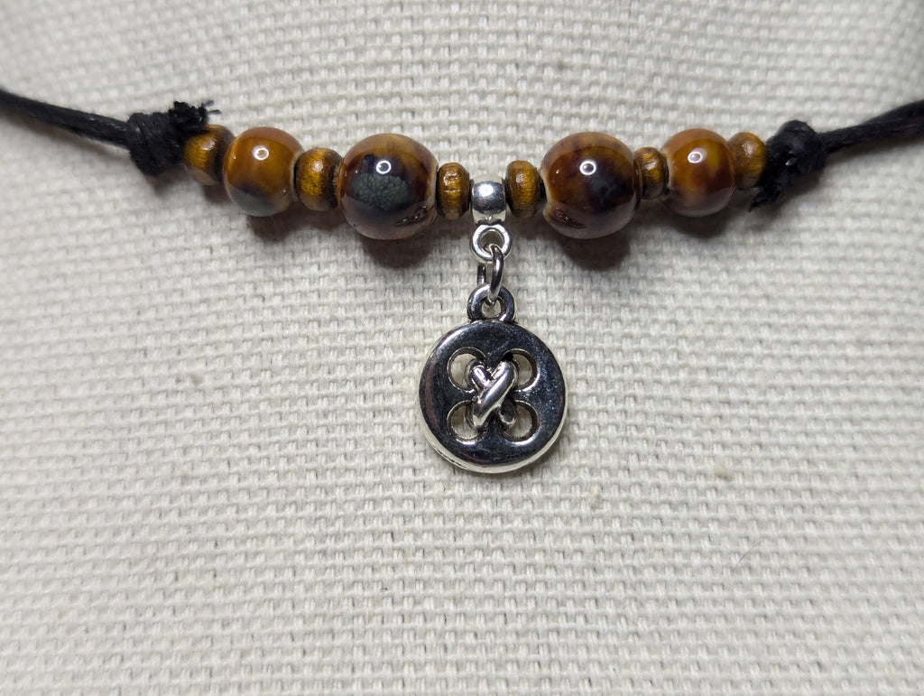 NoctemPottery Ceramic Beaded Silver Button Boho Pendant Necklace Adjustable Cord