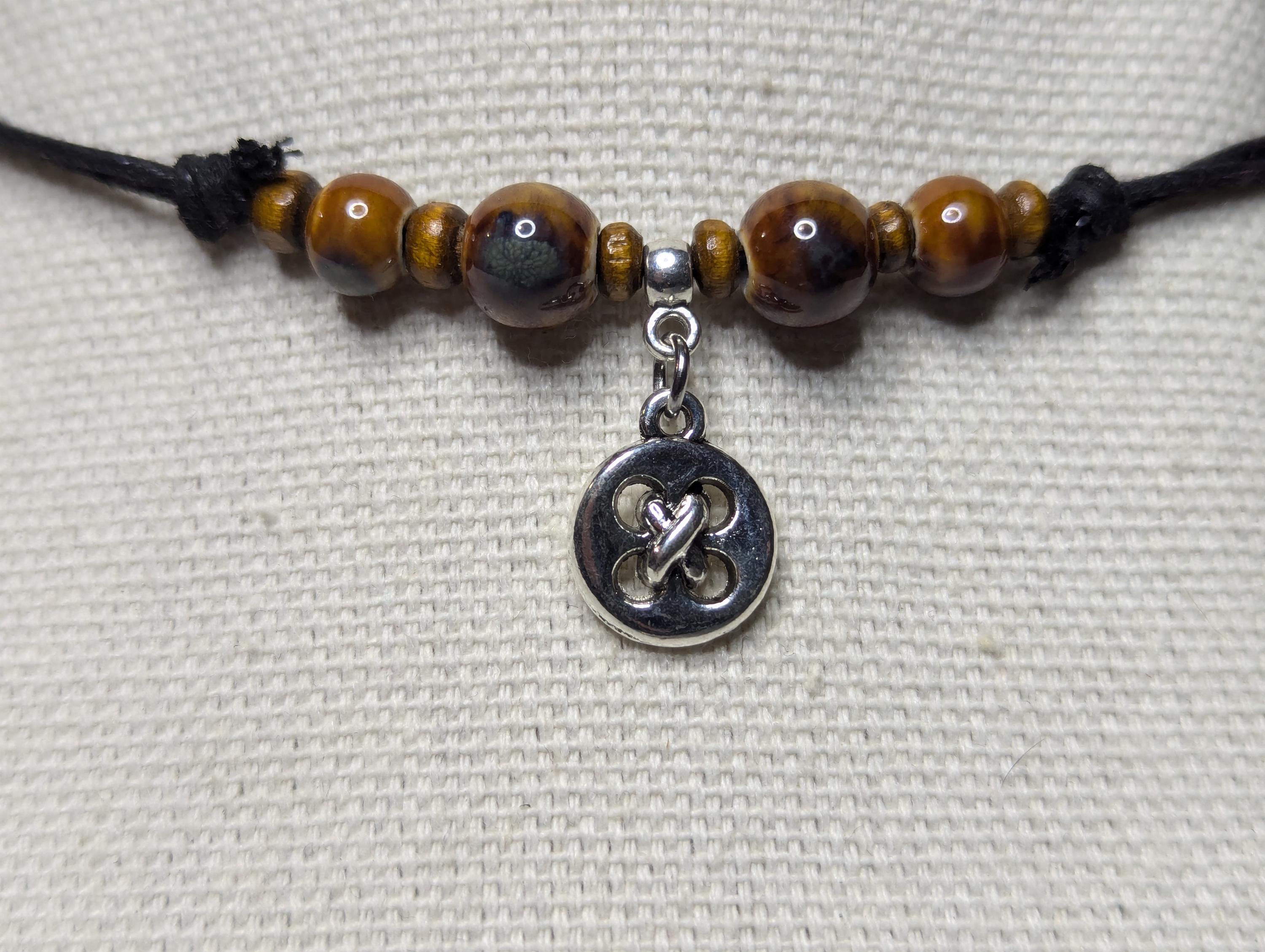 NoctemPottery Ceramic Beaded Silver Button Boho Pendant Necklace Adjustable Cord