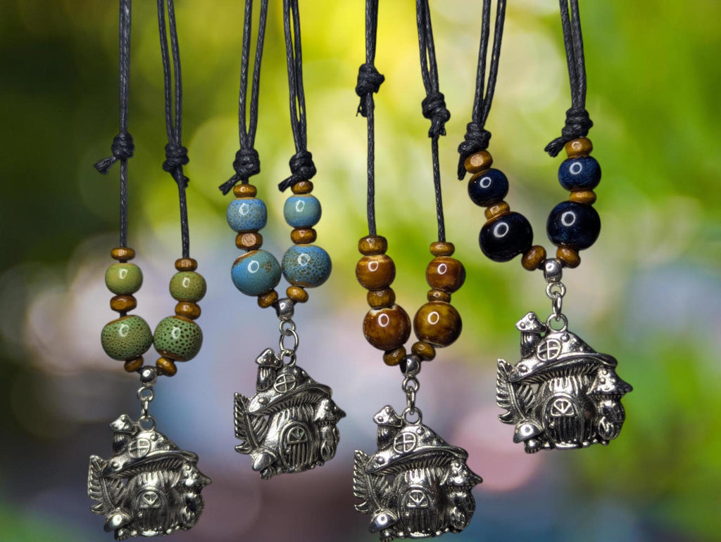 NoctemPottery Ceramic Beaded Silver Mushroom Charm Pendant Necklace