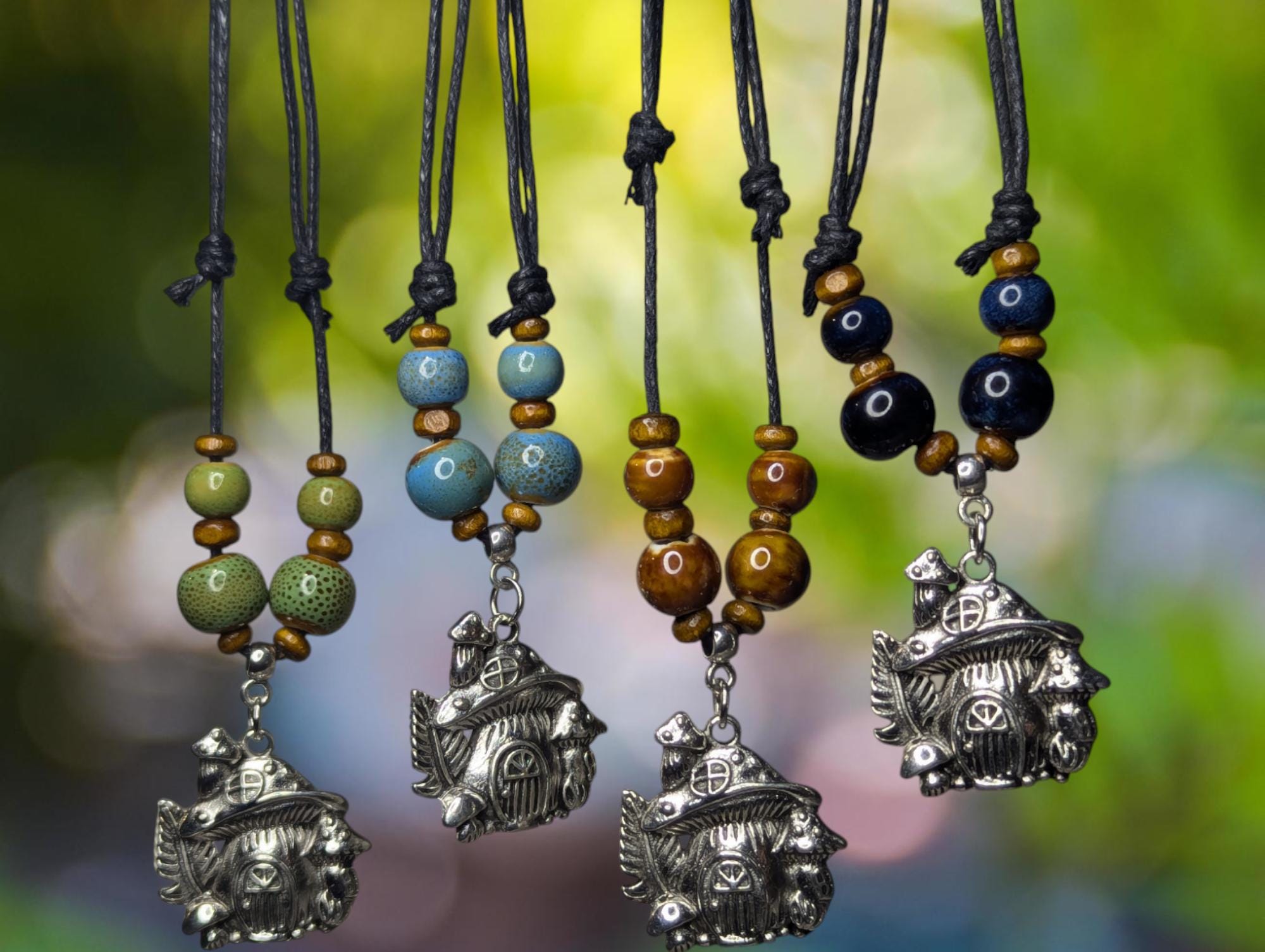 NoctemPottery Ceramic Beaded Silver Mushroom Charm Pendant Necklace