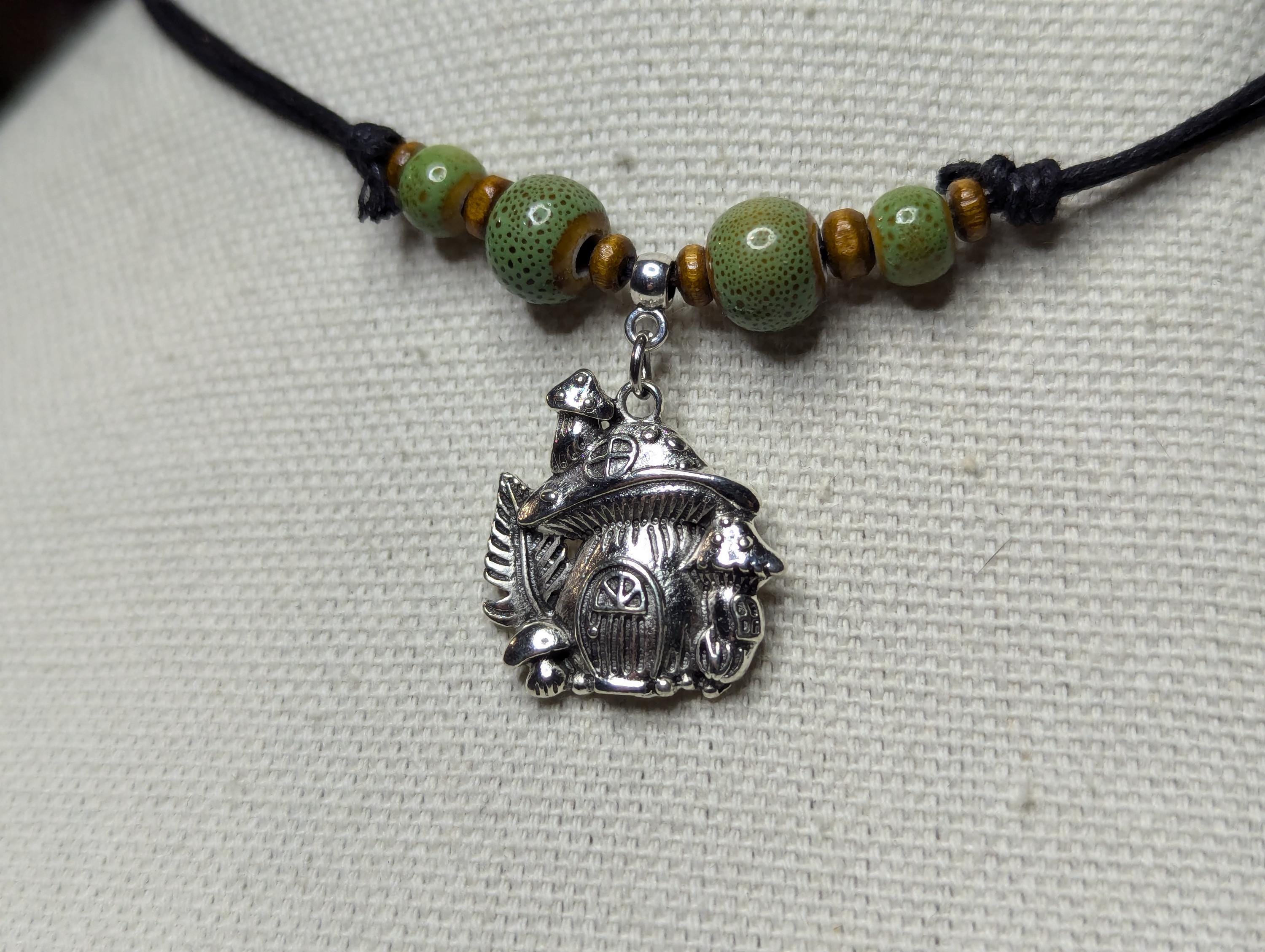 NoctemPottery Ceramic Beaded Silver Mushroom Charm Pendant Necklace