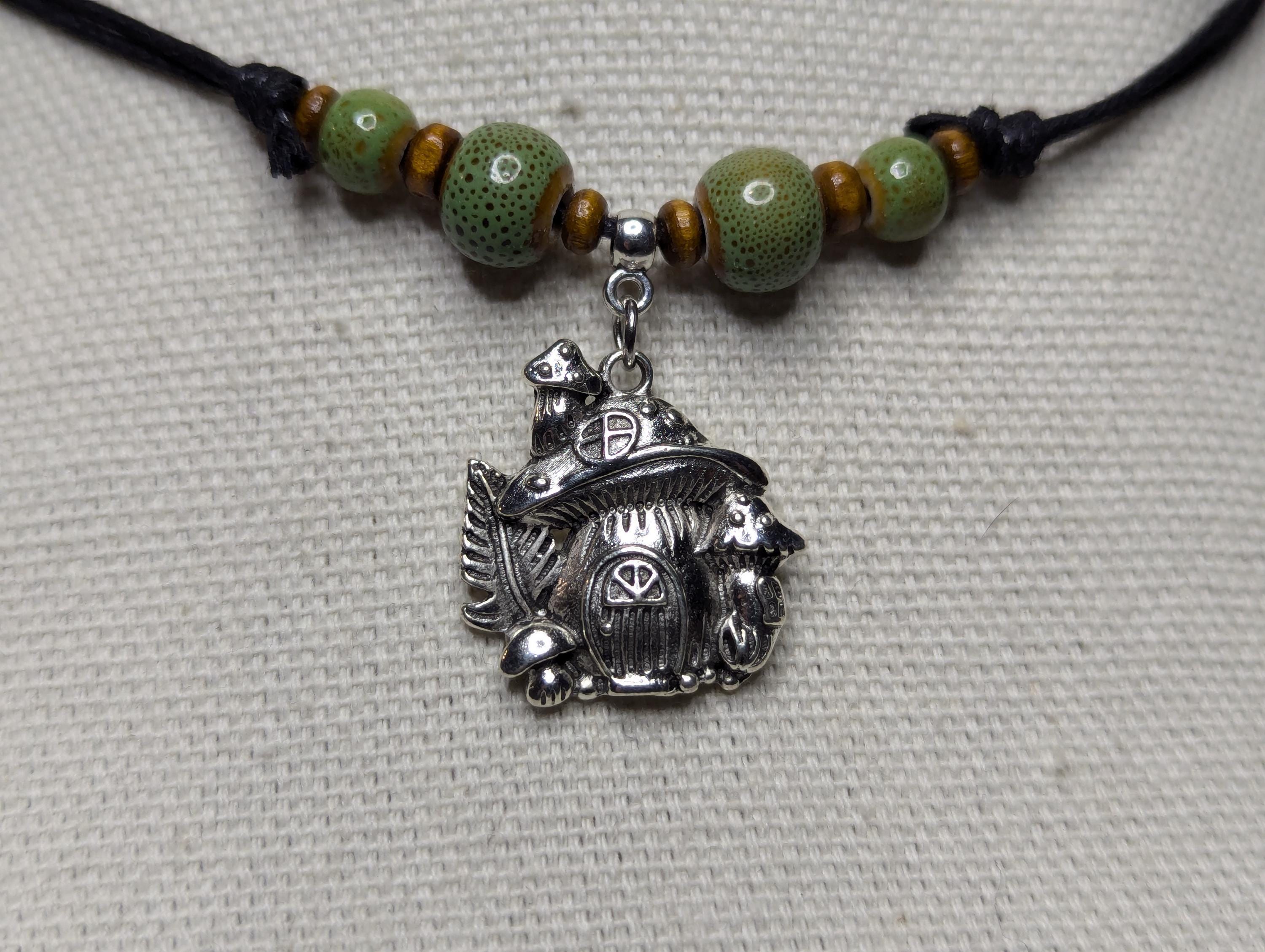 NoctemPottery Ceramic Beaded Silver Mushroom Charm Pendant Necklace
