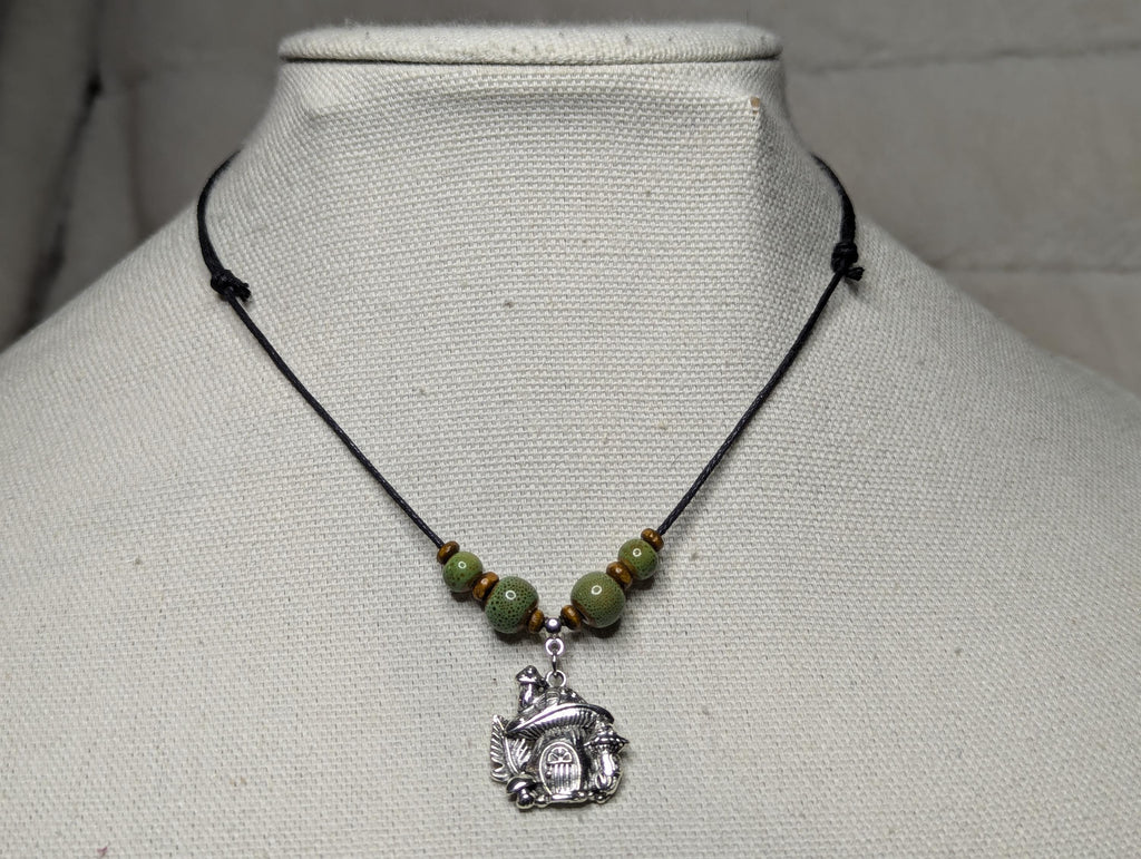 NoctemPottery Ceramic Beaded Silver Mushroom Charm Pendant Necklace