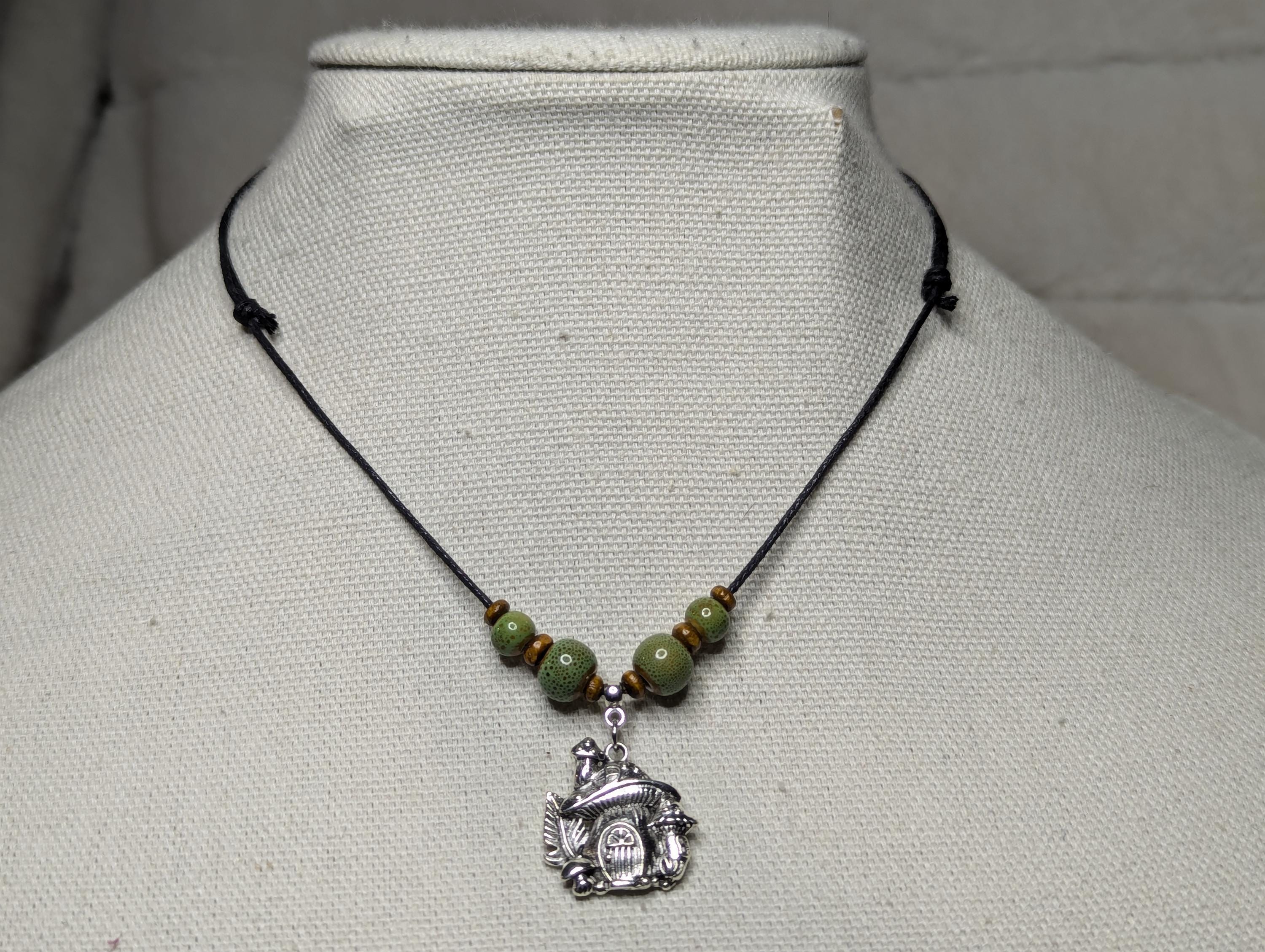 NoctemPottery Ceramic Beaded Silver Mushroom Charm Pendant Necklace