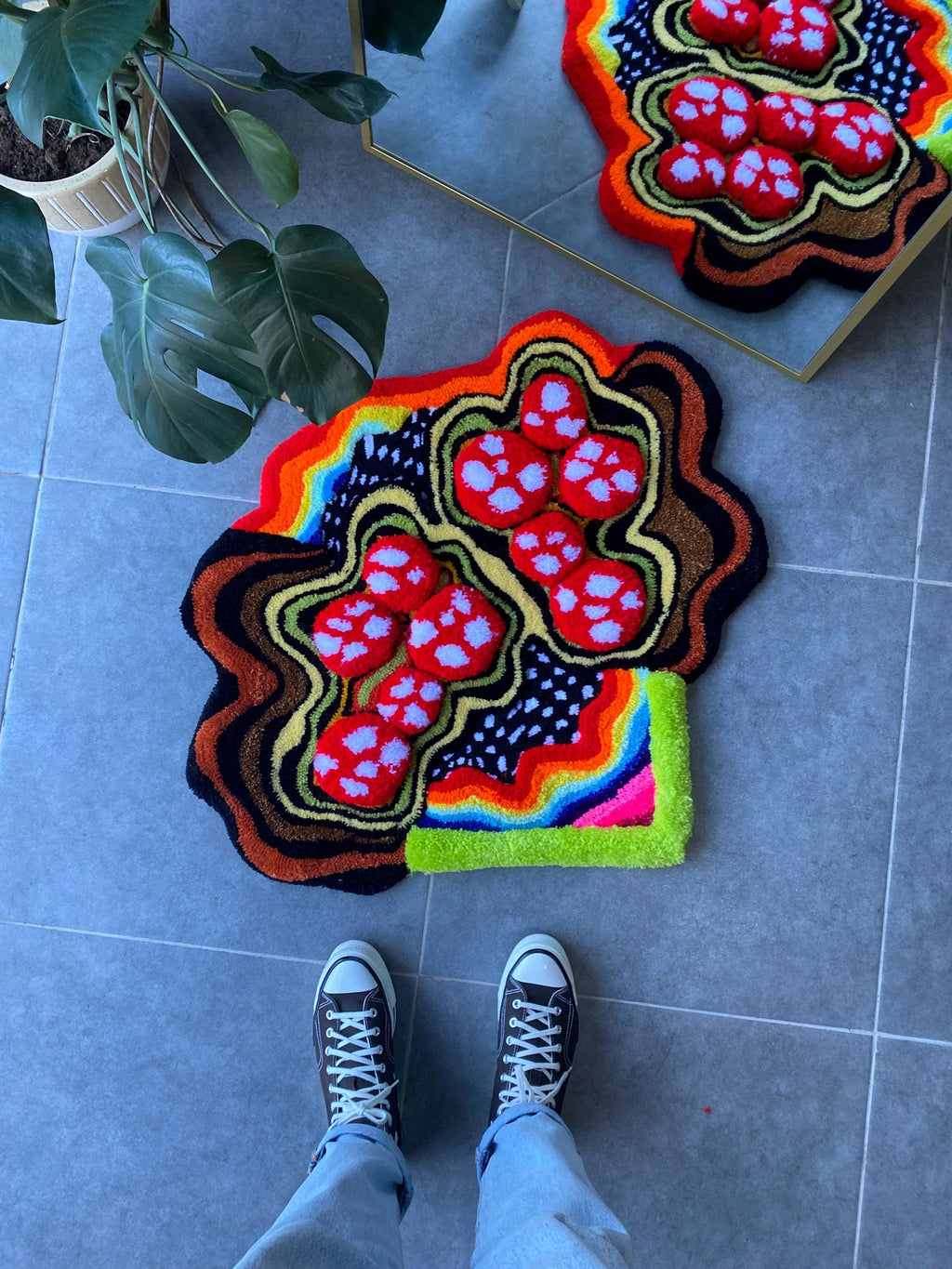 OrnnWorks 3D Mushroom & Rainbow Garden Fluffy Handmade Tufted Rug 35x29in