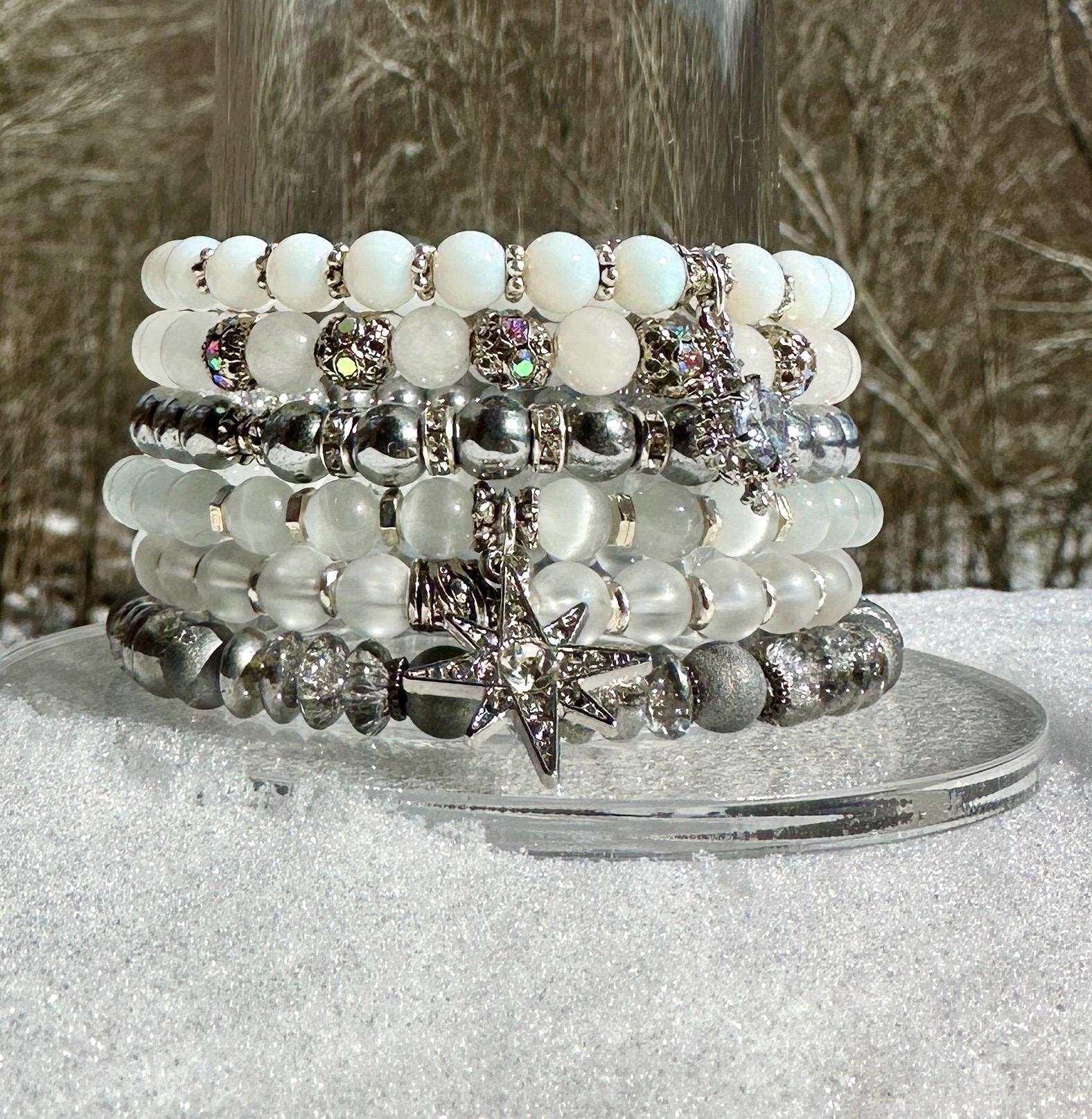MossberryandStone Winter Wonderland Beaded Bracelet Stack with Sparkling Charms
