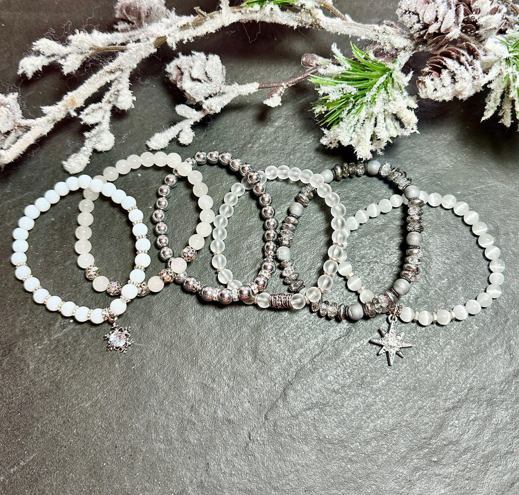 MossberryandStone Winter Wonderland Beaded Bracelet Stack 6.5in Silver