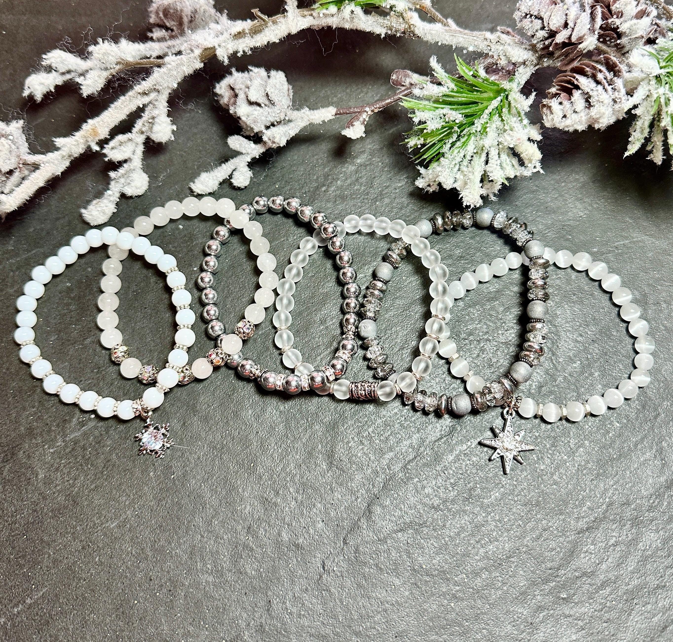 MossberryandStone Winter Wonderland Beaded Bracelet Stack 6.5in Silver