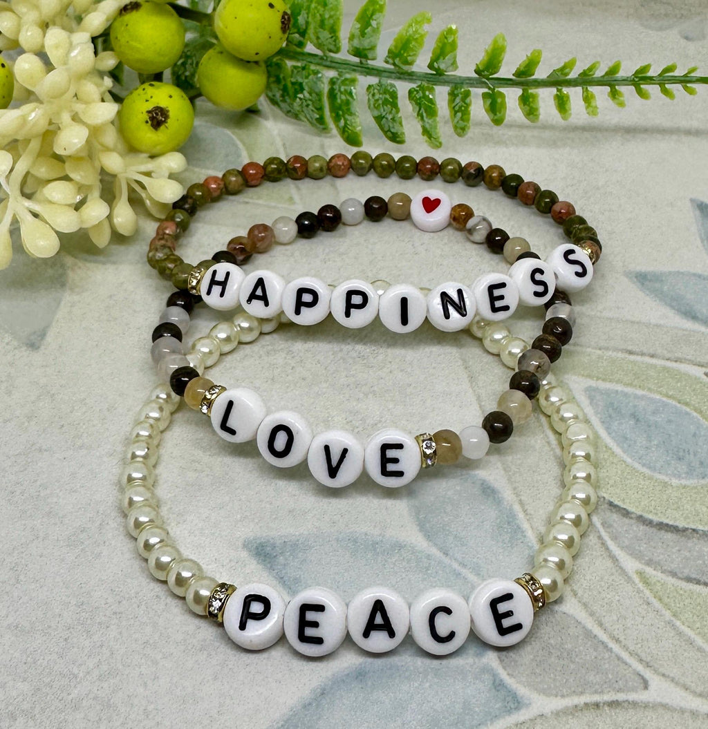 MossberryandStone Peace Love Happiness Beaded Bracelet Set