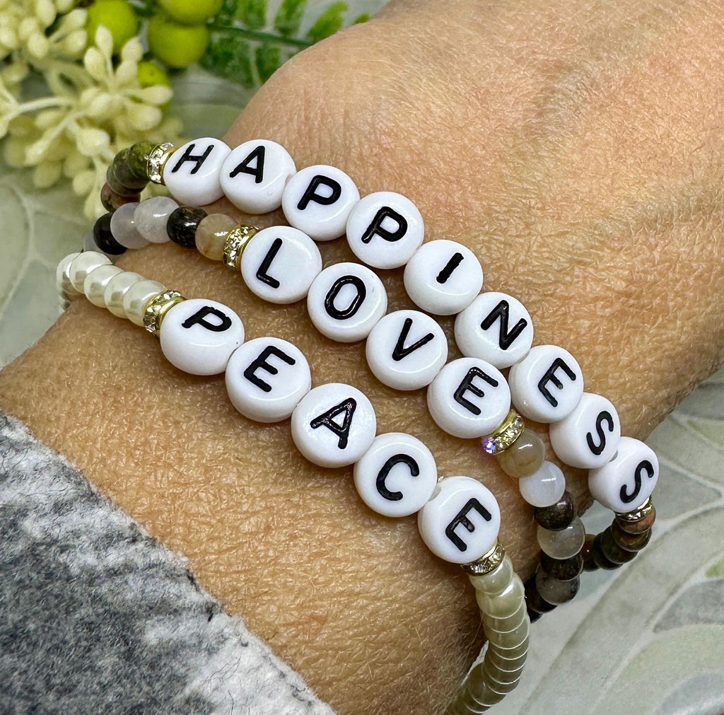 MossberryandStone Peace Love Happiness Beaded Bracelet Set