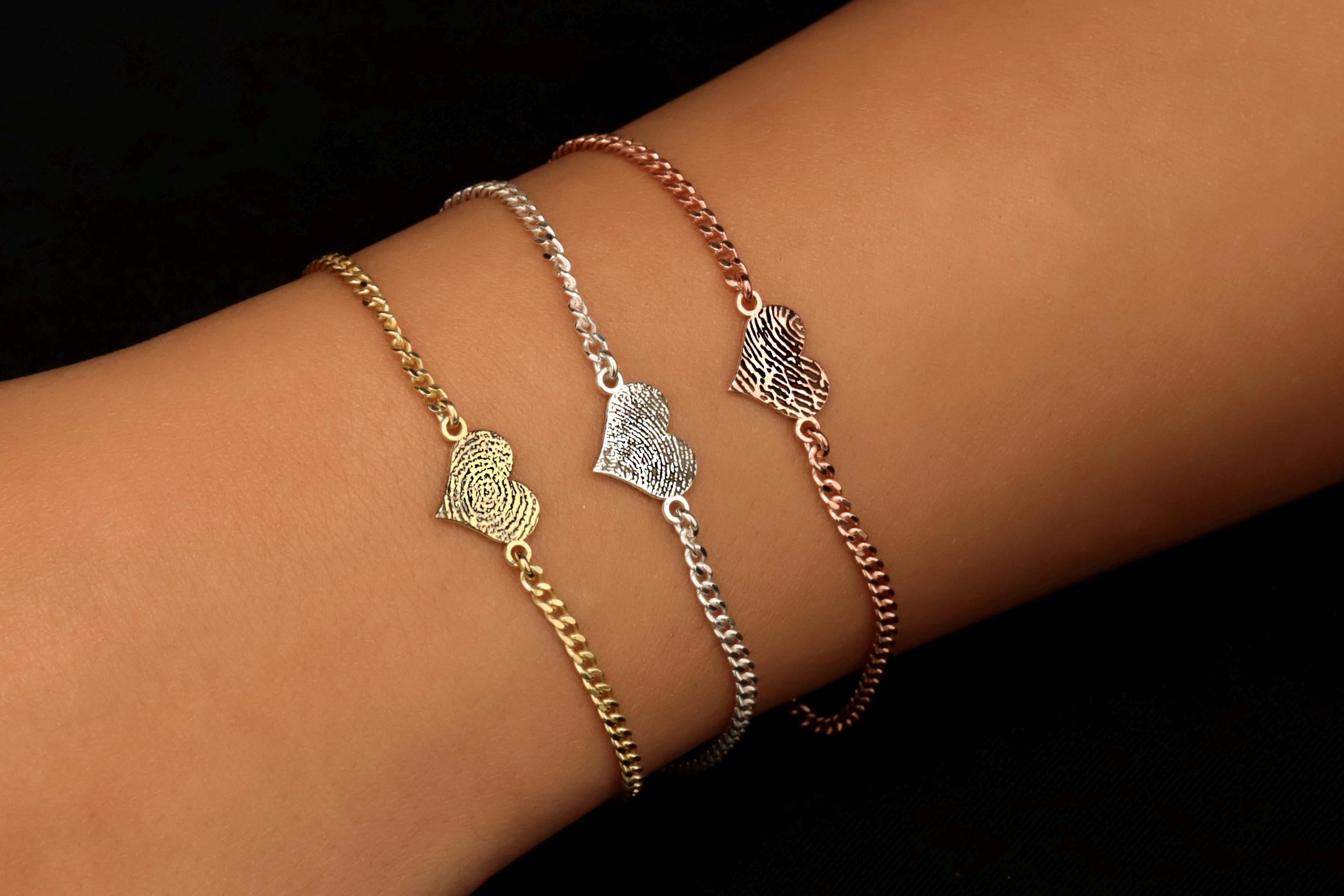 Sterling Silver Fingerprint Heart Bracelet: Custom Engraved Jewelry