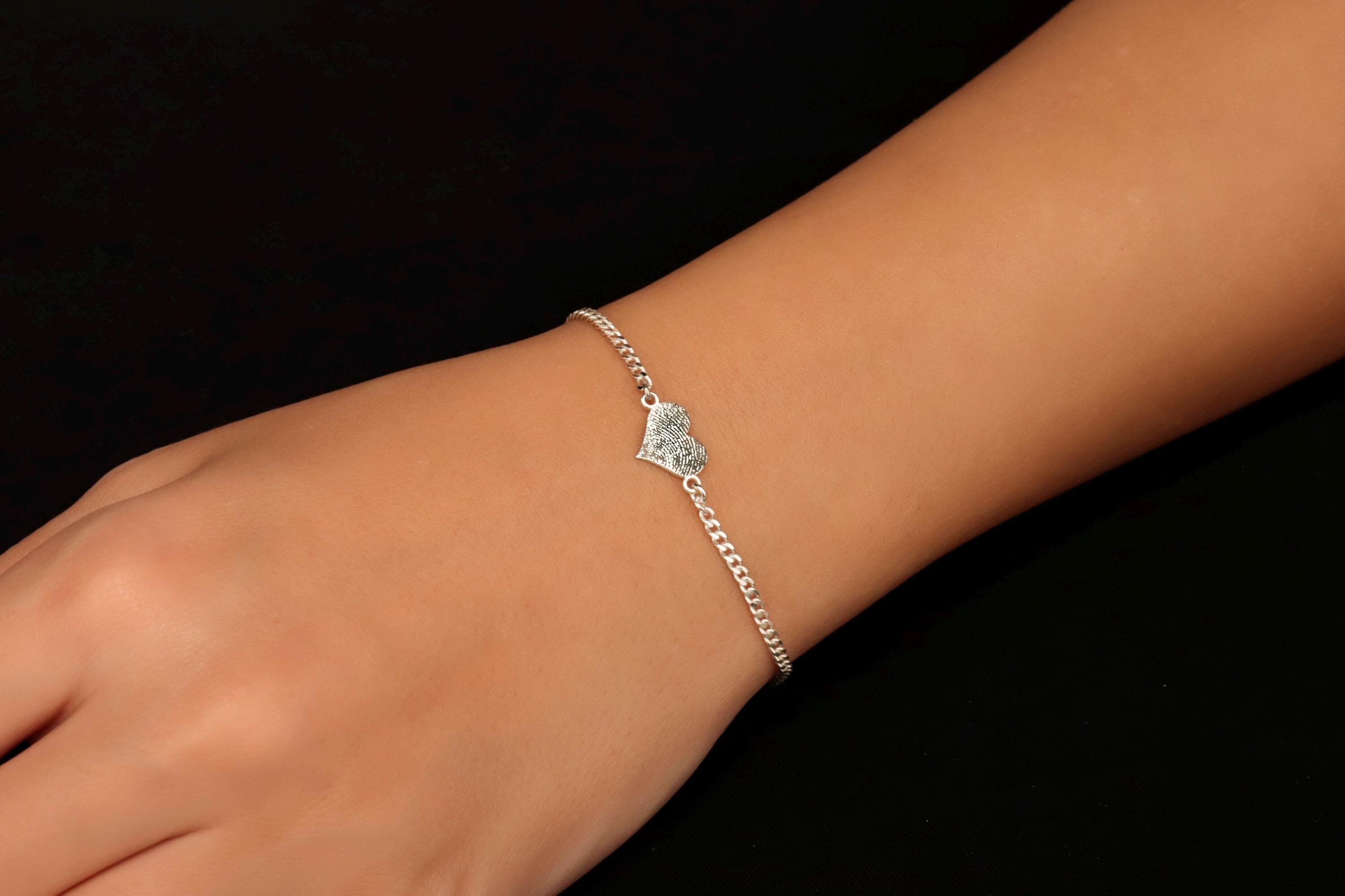Sterling Silver Fingerprint Heart Bracelet: Custom Engraved Jewelry