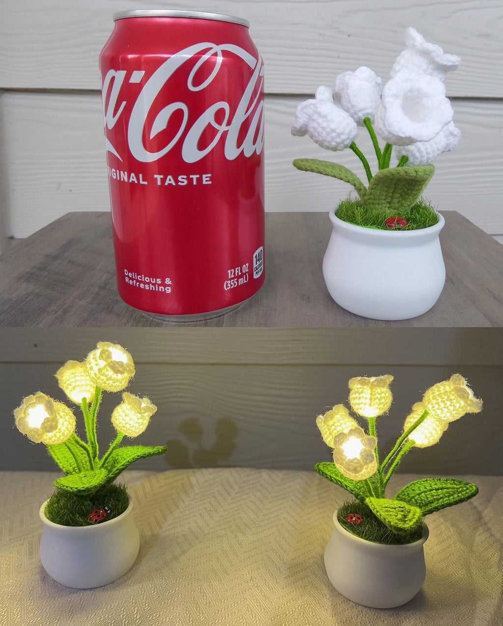 CrochetRecipe Handmade Lily of the Valley Potted Plant LED Lamp 8in White