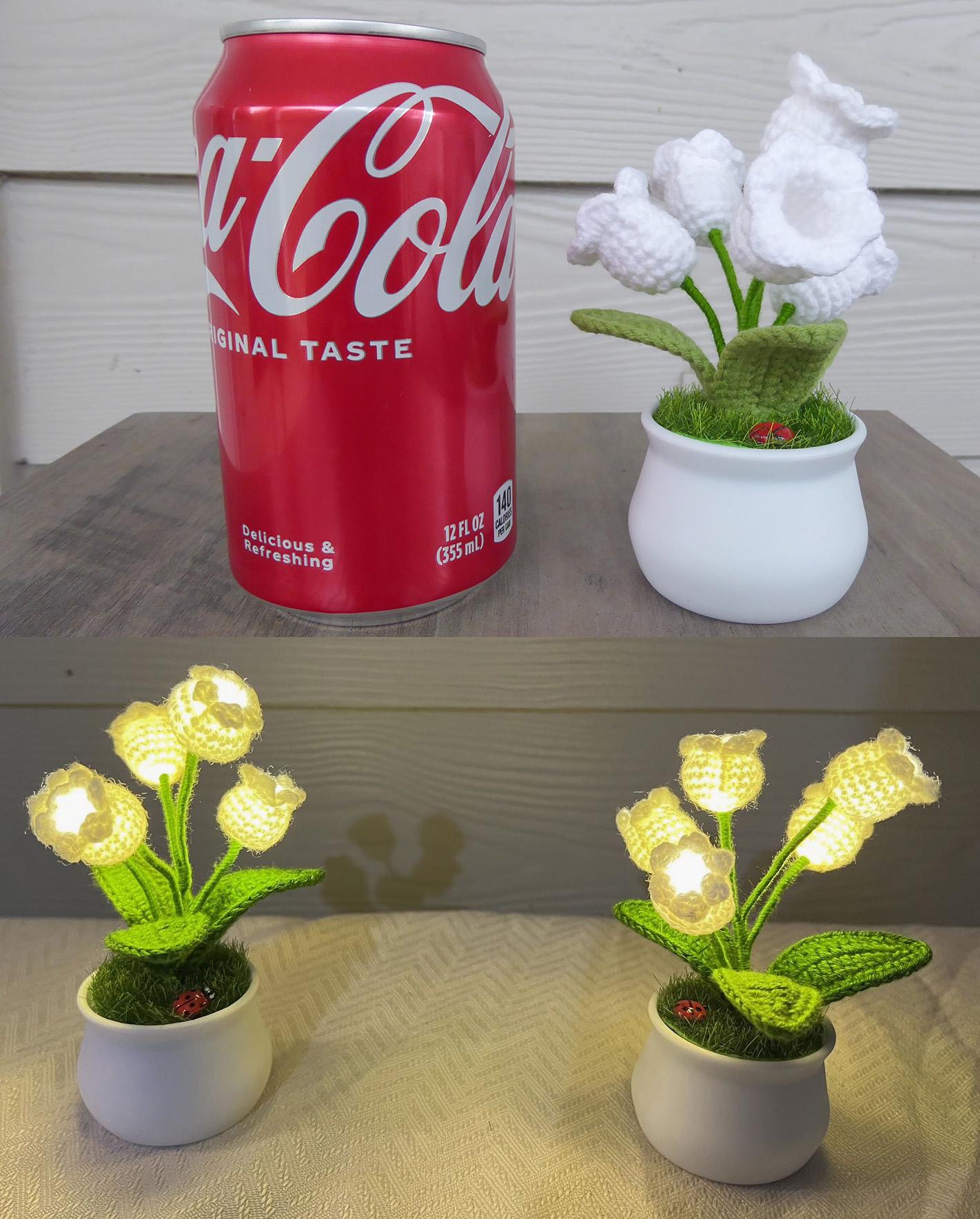 CrochetRecipe Handmade Lily of the Valley Potted Plant LED Lamp 8in White