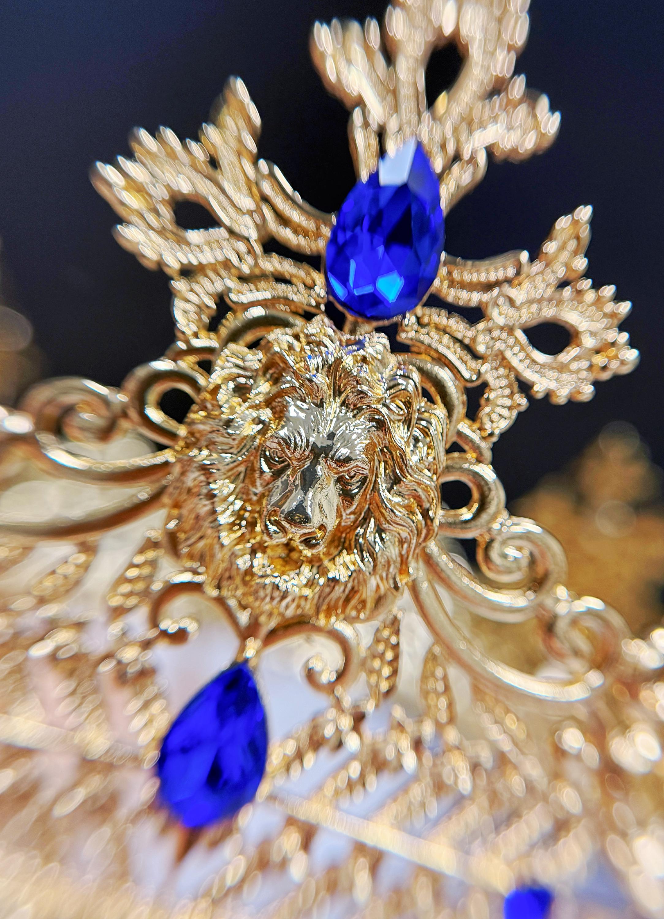 HappyJewelryWorld Gold Lion King Crown Blue Crystal Tiara XL 23.5in