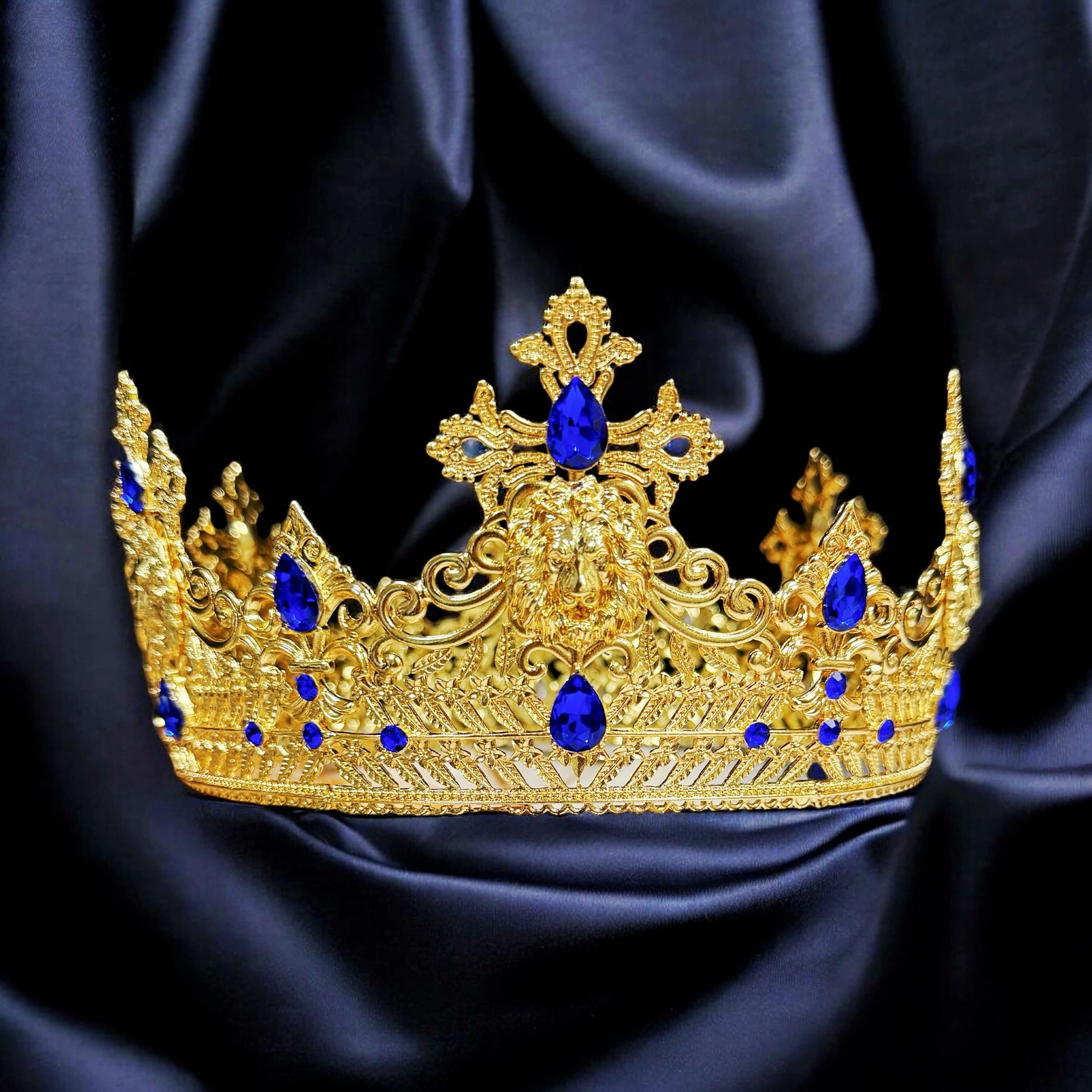 HappyJewelryWorld Gold Lion King Crown Blue Crystal Tiara XL 23.5in