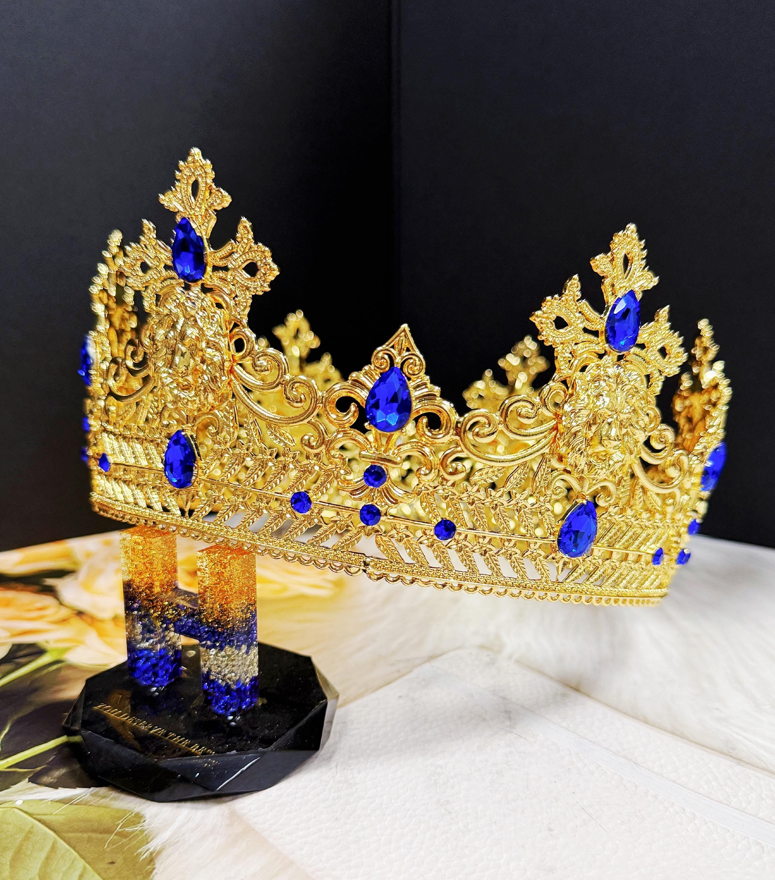 HappyJewelryWorld Gold Lion King Crown Blue Crystal Tiara XL 23.5in