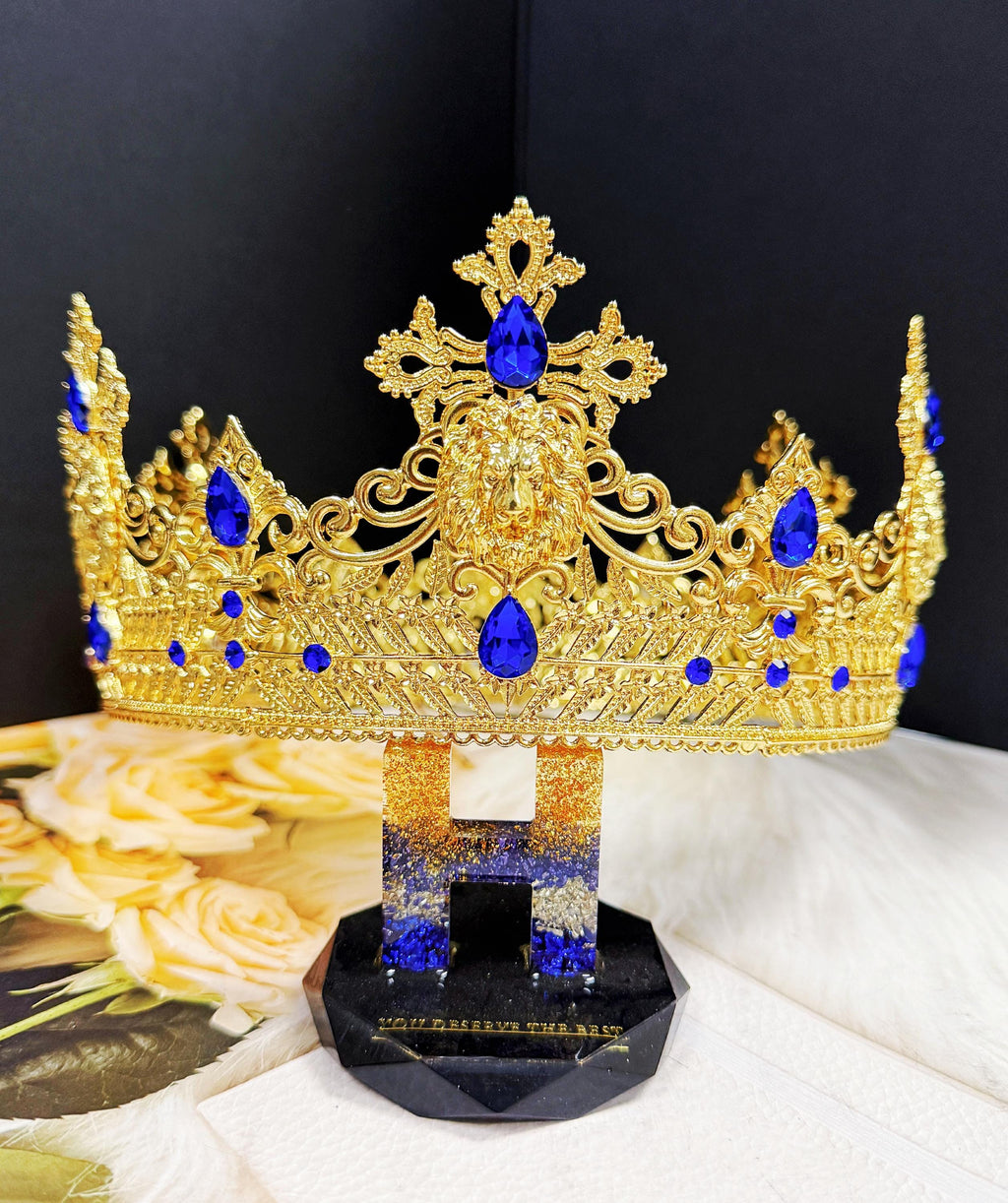 HappyJewelryWorld Gold Lion King Crown Blue Crystal Tiara XL 23.5in