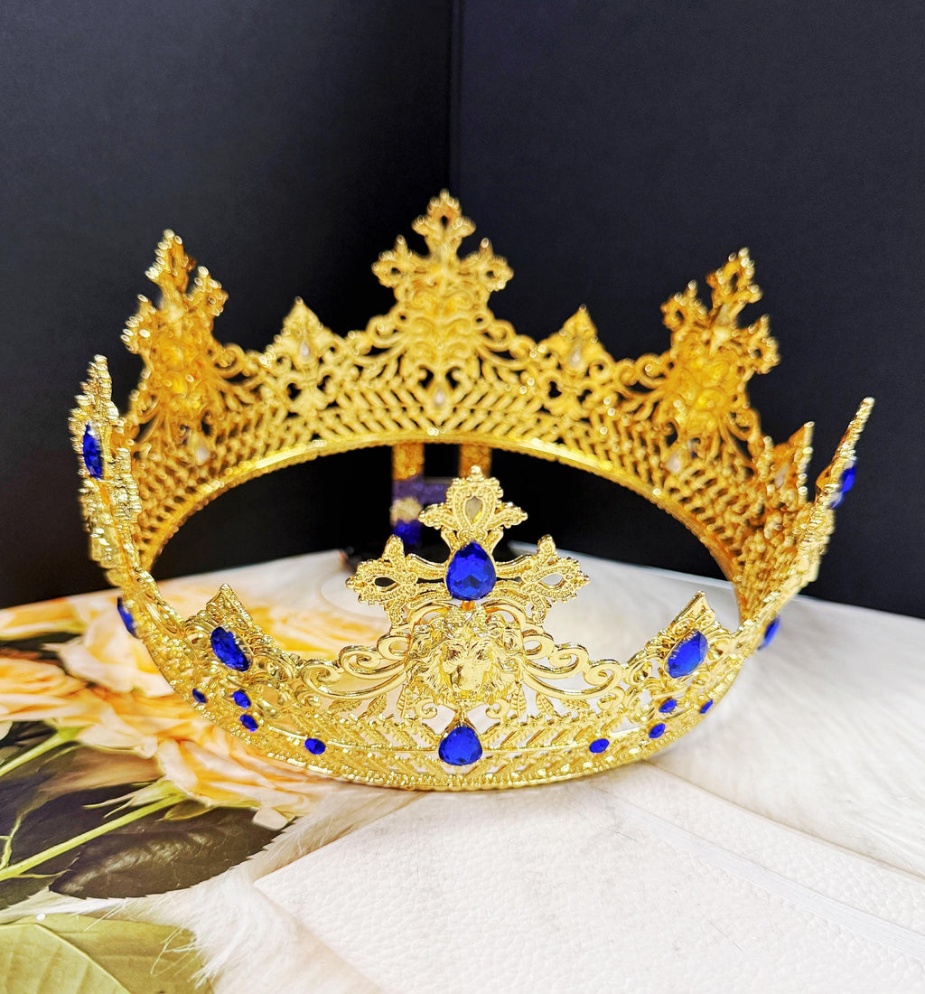 HappyJewelryWorld Gold Lion King Crown Blue Crystal Tiara XL 23.5in