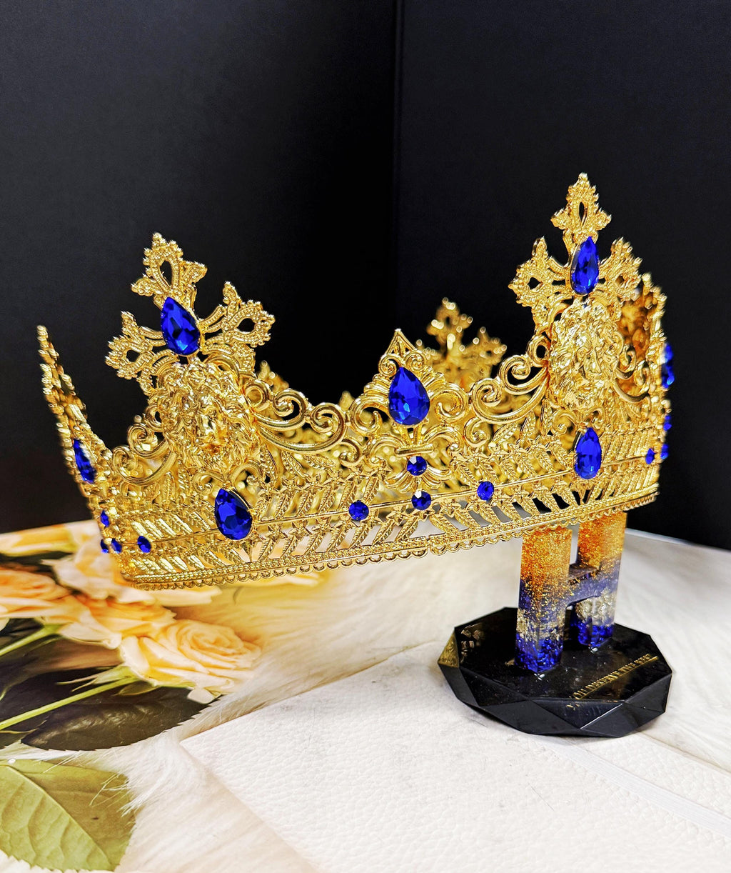HappyJewelryWorld Gold Lion King Crown Blue Crystal Tiara XL 23.5in