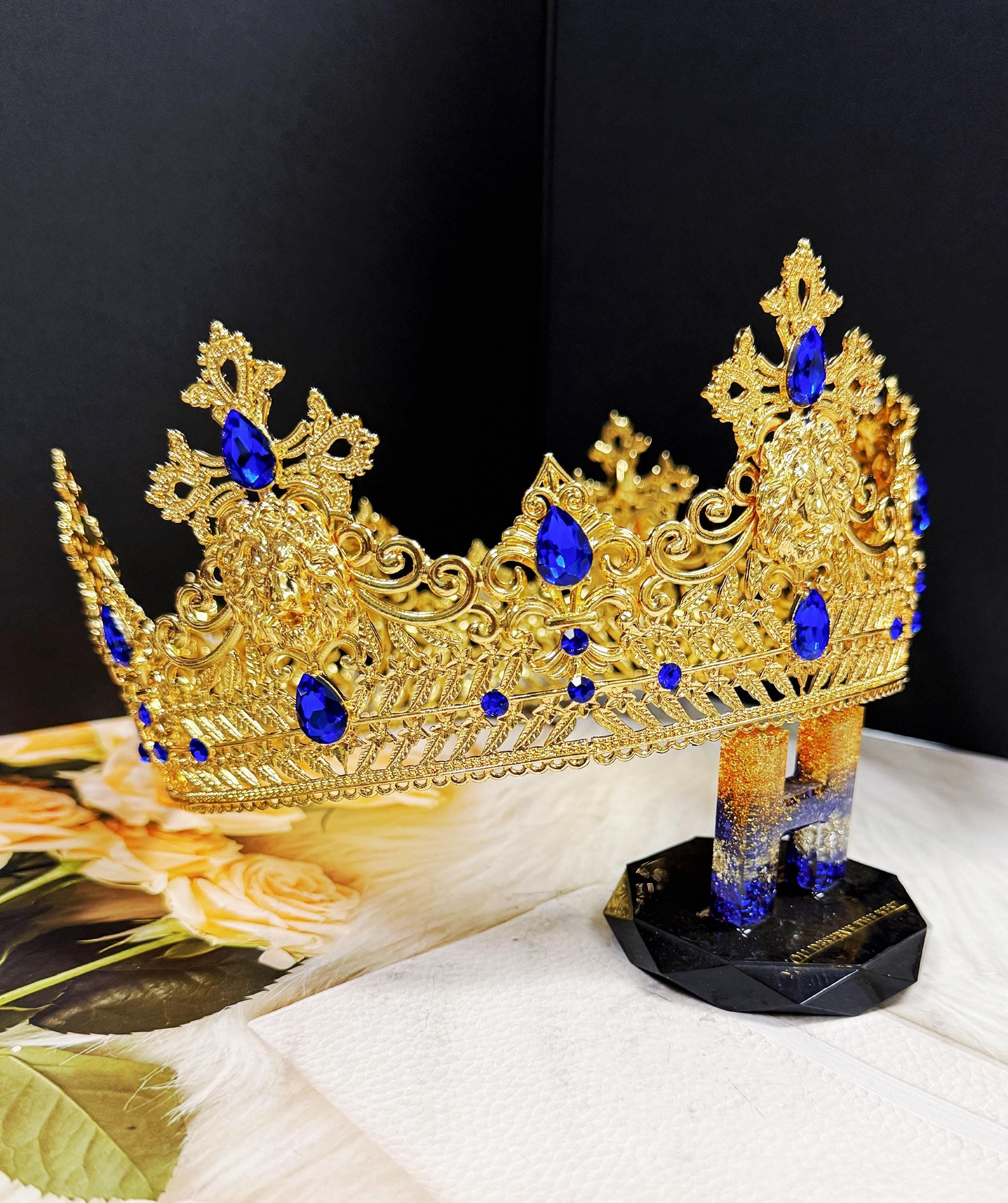 HappyJewelryWorld Gold Lion King Crown Blue Crystal Tiara XL 23.5in