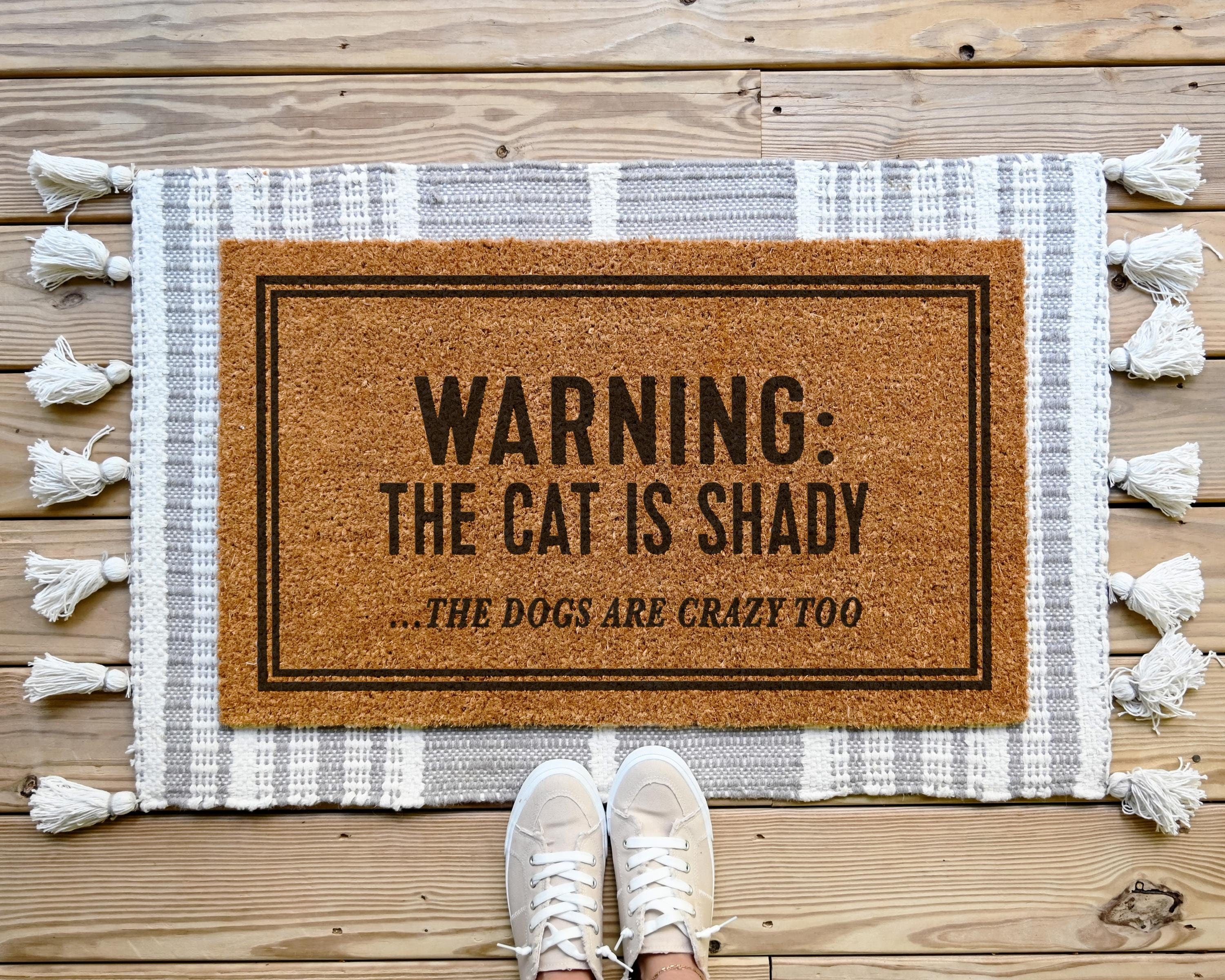 HamlinRowShop Warning the Cat Is Shady Customizable Coir Doormat