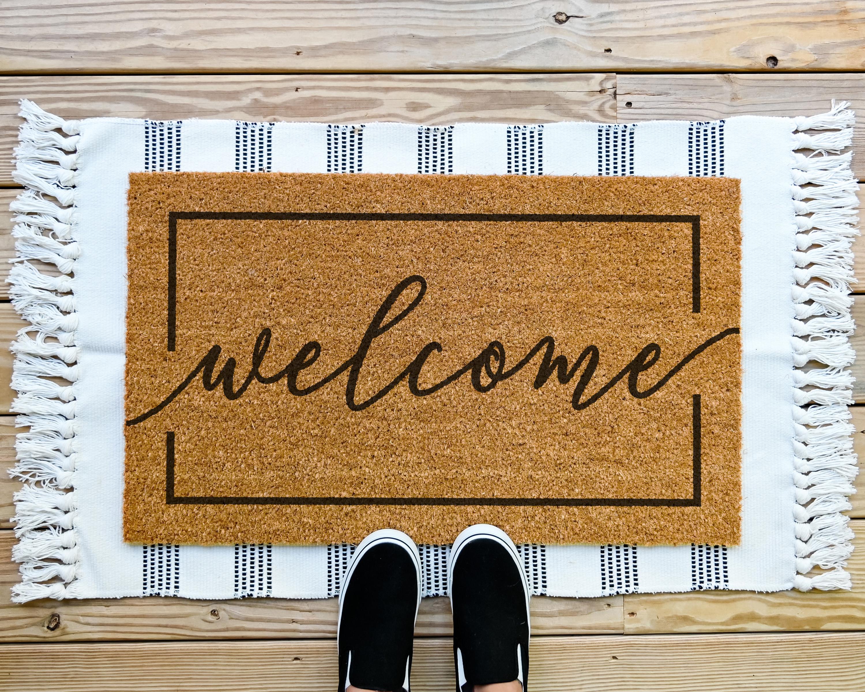 HamlinRowShop Cursive Coir Welcome Door Mat Natural Brown