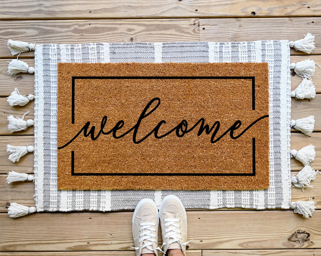 HamlinRowShop Cursive Coir Welcome Door Mat Natural Brown
