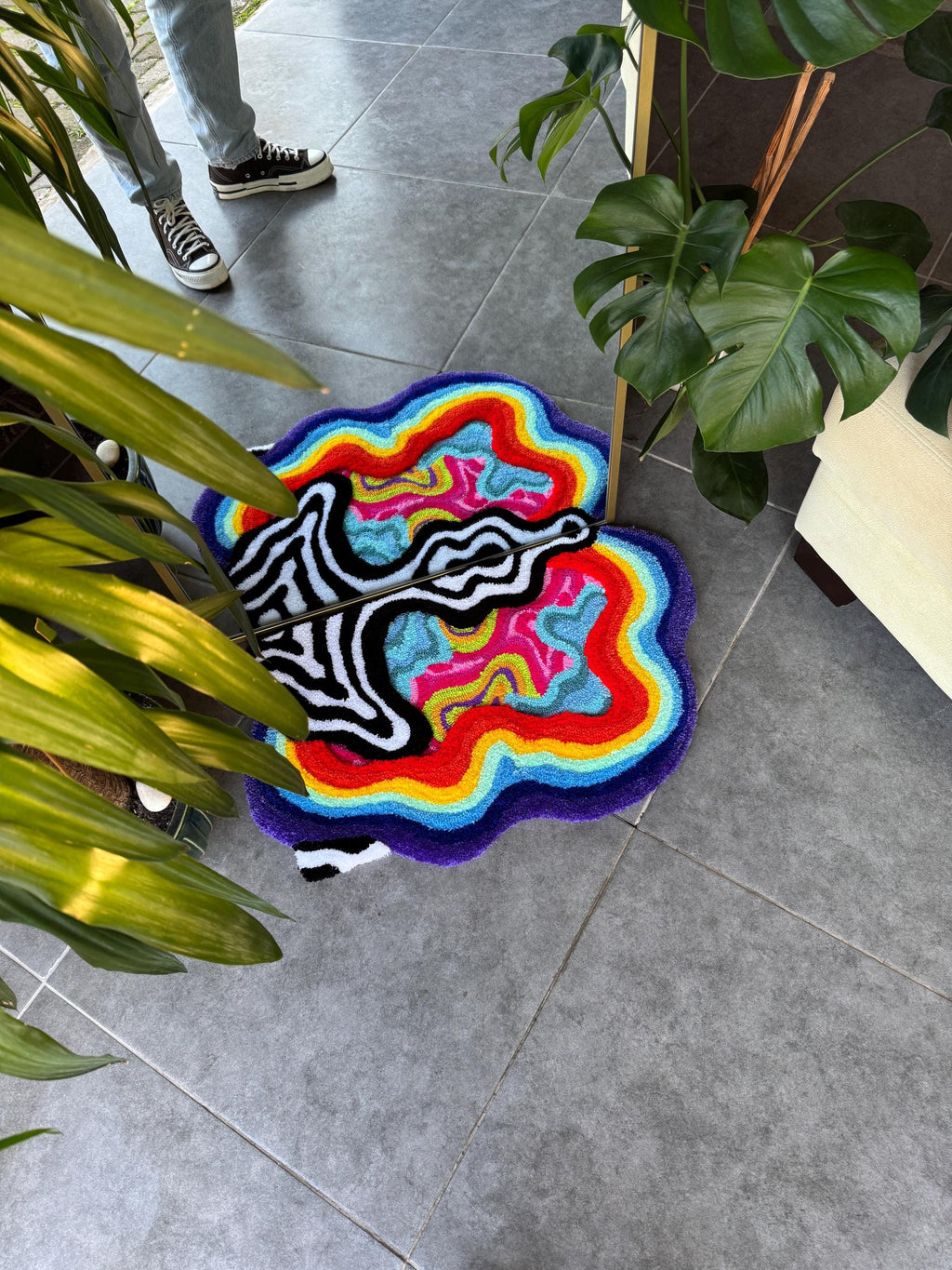 OrnnWorks Colorful Rainbow Fluffy Psychedelic Mirror Front Tufted Rug