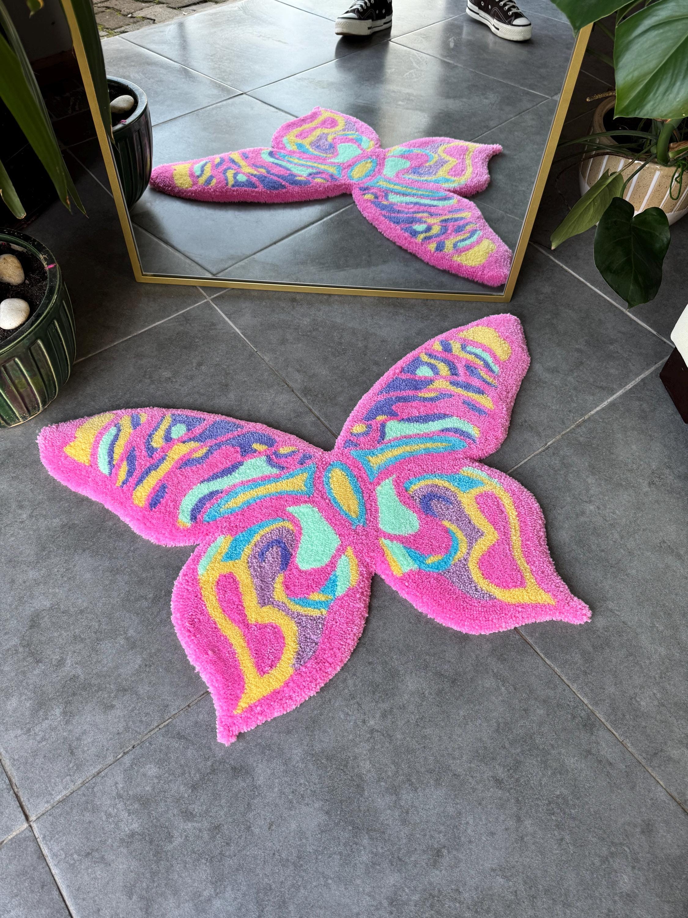 OrnnWorks Colorful Butterfly Fluffy Handmade Tufted Rug 80cm