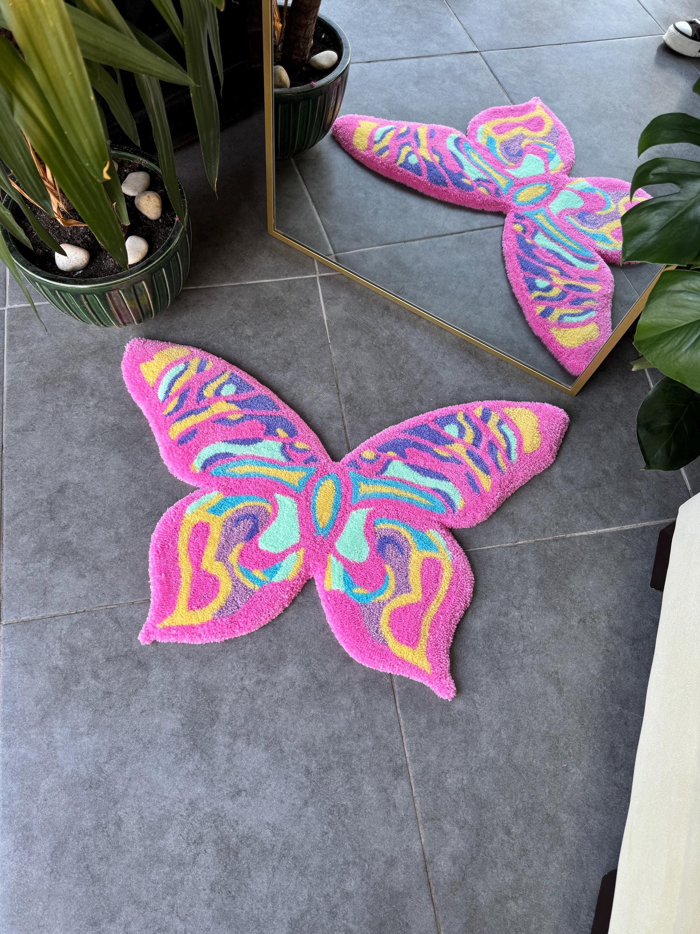 OrnnWorks Colorful Butterfly Fluffy Handmade Tufted Rug 80cm