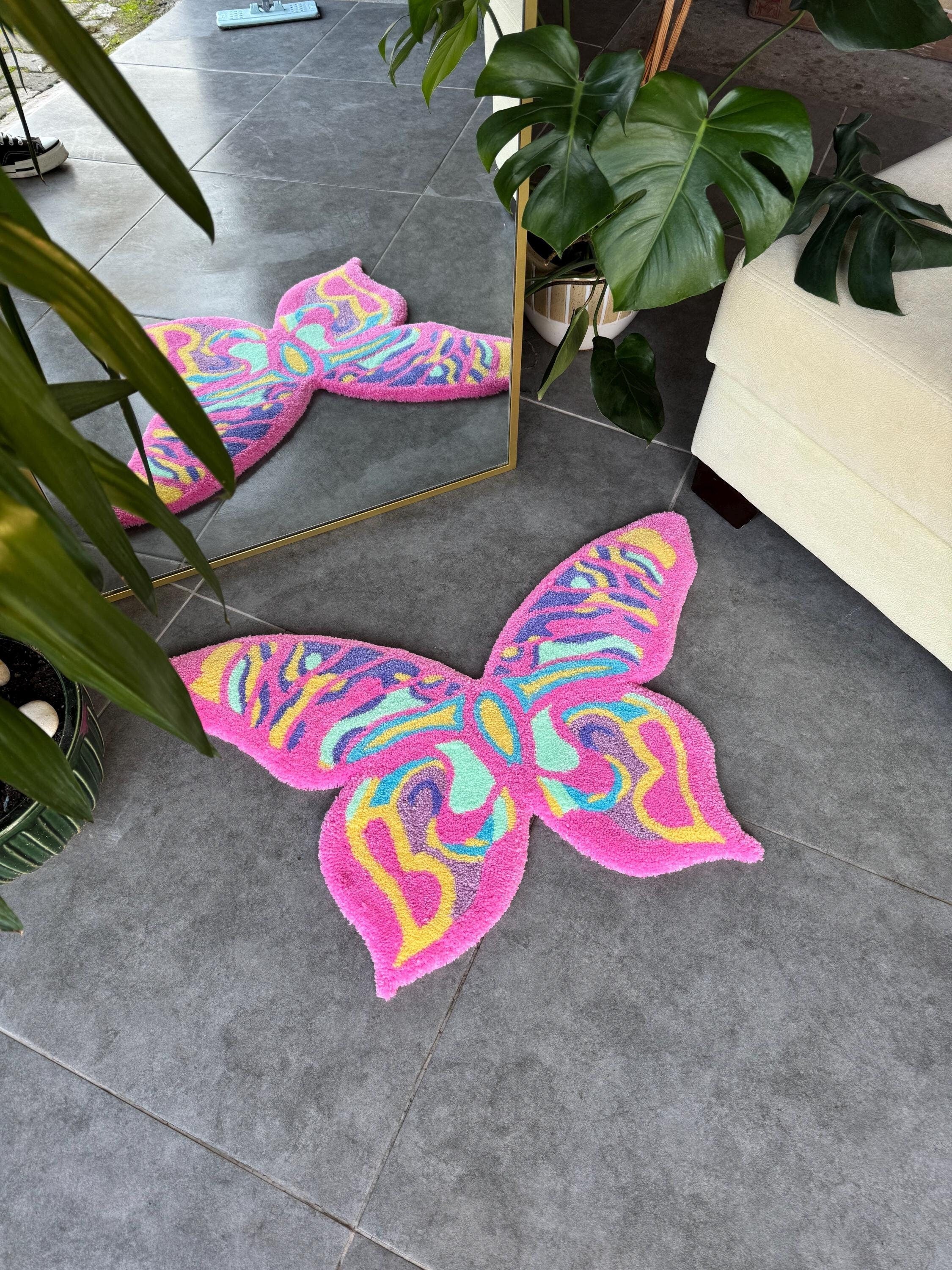 OrnnWorks Colorful Butterfly Fluffy Handmade Tufted Rug 80cm